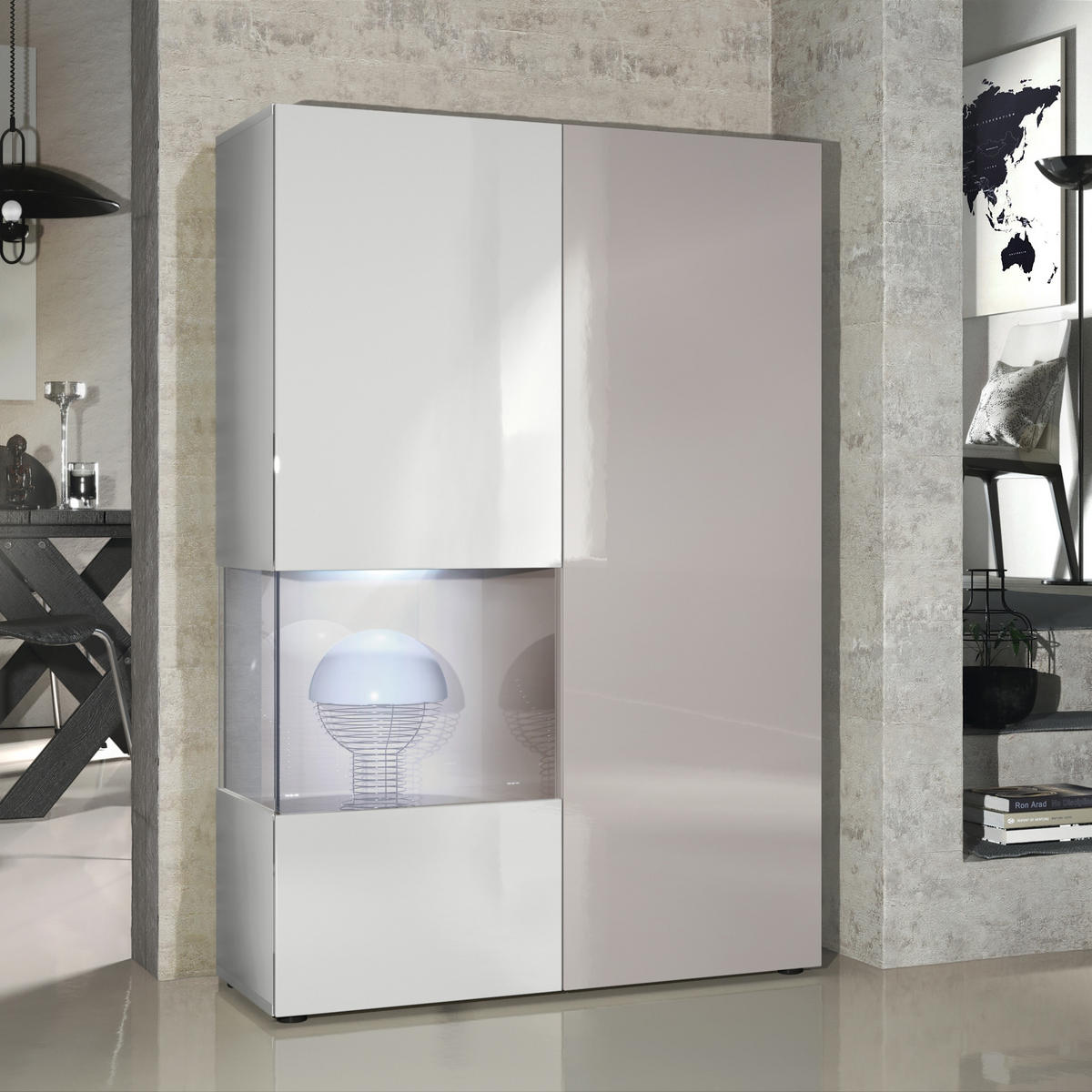 VITRINE Morena Tür und Einsatz in Sandgrau Hochglanz - Sandfarben, Holzwerkstoff (91.5/136.5/37cm) - Vladon