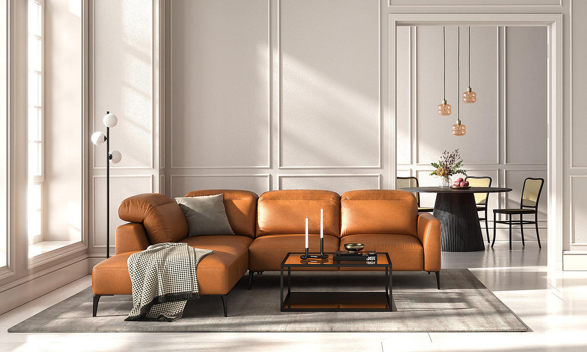 ECKSOFA mit Ottomane - Cognac/Schwarz, Leder/Metall (263/238cm) - home24