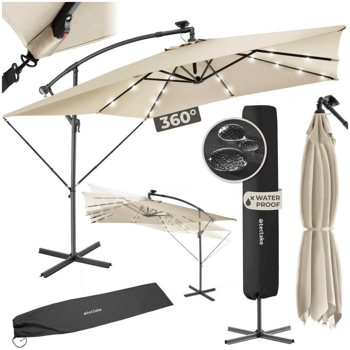 SONNENSCHIRM Sunna, wasserabweisend, inkl. Windsicherung und Schutzhülle, beige - Beige, Kunststoff (250/300cm) - tectake