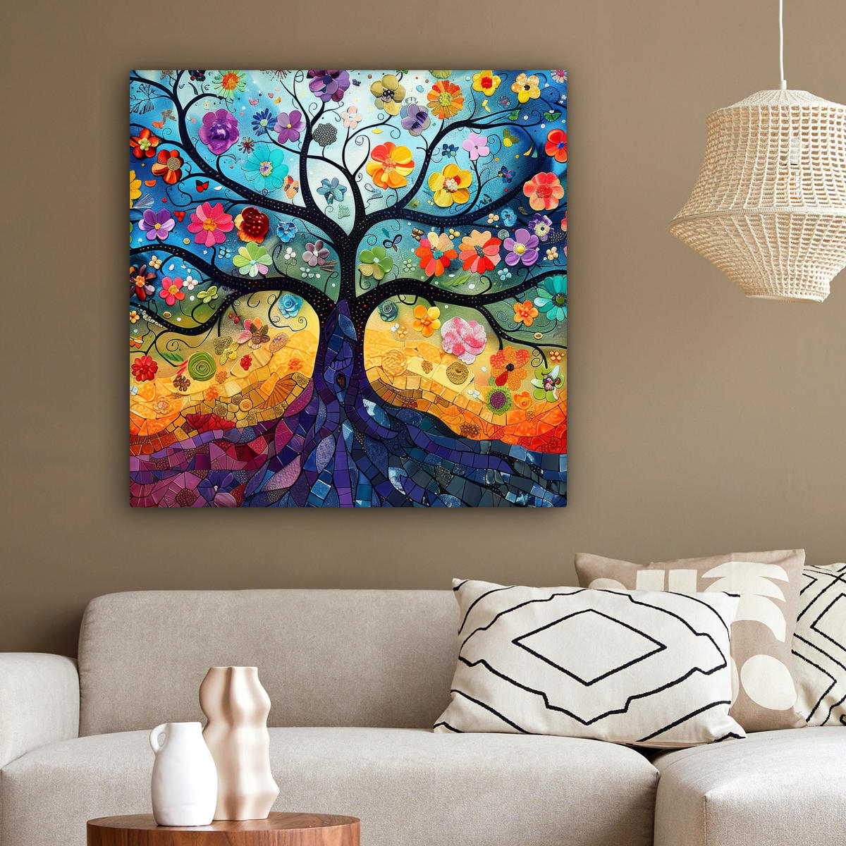 LEINWANDBILD Kunst - Baum des Lebens - Blumen - Hippie 90x90 cm - Dunkelblau, Textil (90/90cm) - MuchoWow
