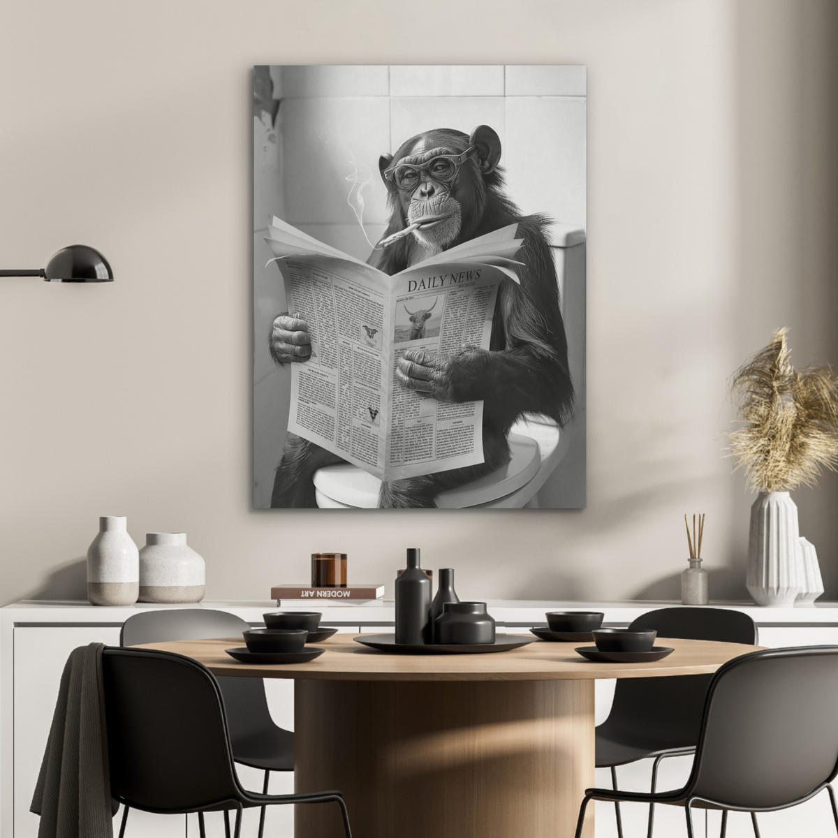 AKUSTIKPANEEL Affe - WC - Zeitung - Schwarz-Weiß - Humor 60x80 cm - Hellgrau, Textil (60/0.9/80cm) - MuchoWow