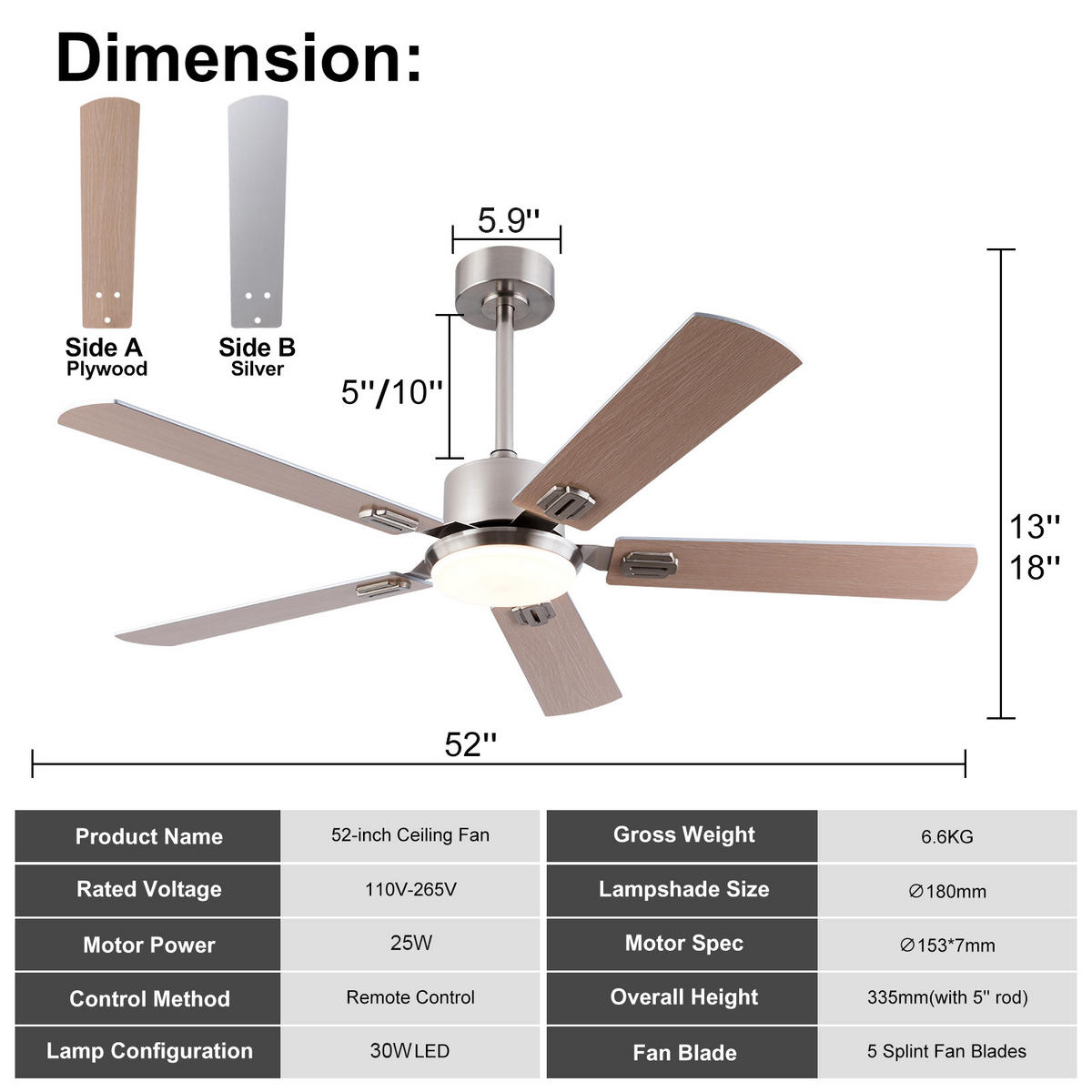 DECKENVENTILATOR DE-16260 52 Zoll flach mit 5 Flügeln & Speicherfunktion - Naturfarben, Holz/Metall (132/132/45cm) - ComfortXL