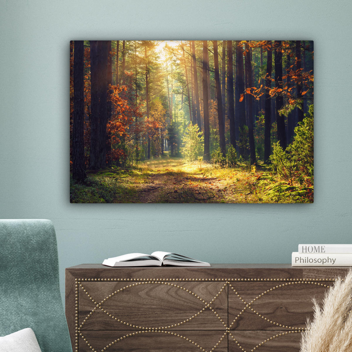 LEINWANDBILD Wald - Herbst - Bäume Wanddeko 90x60 cm - Dunkelgrün, Textil (90/60cm) - MuchoWow