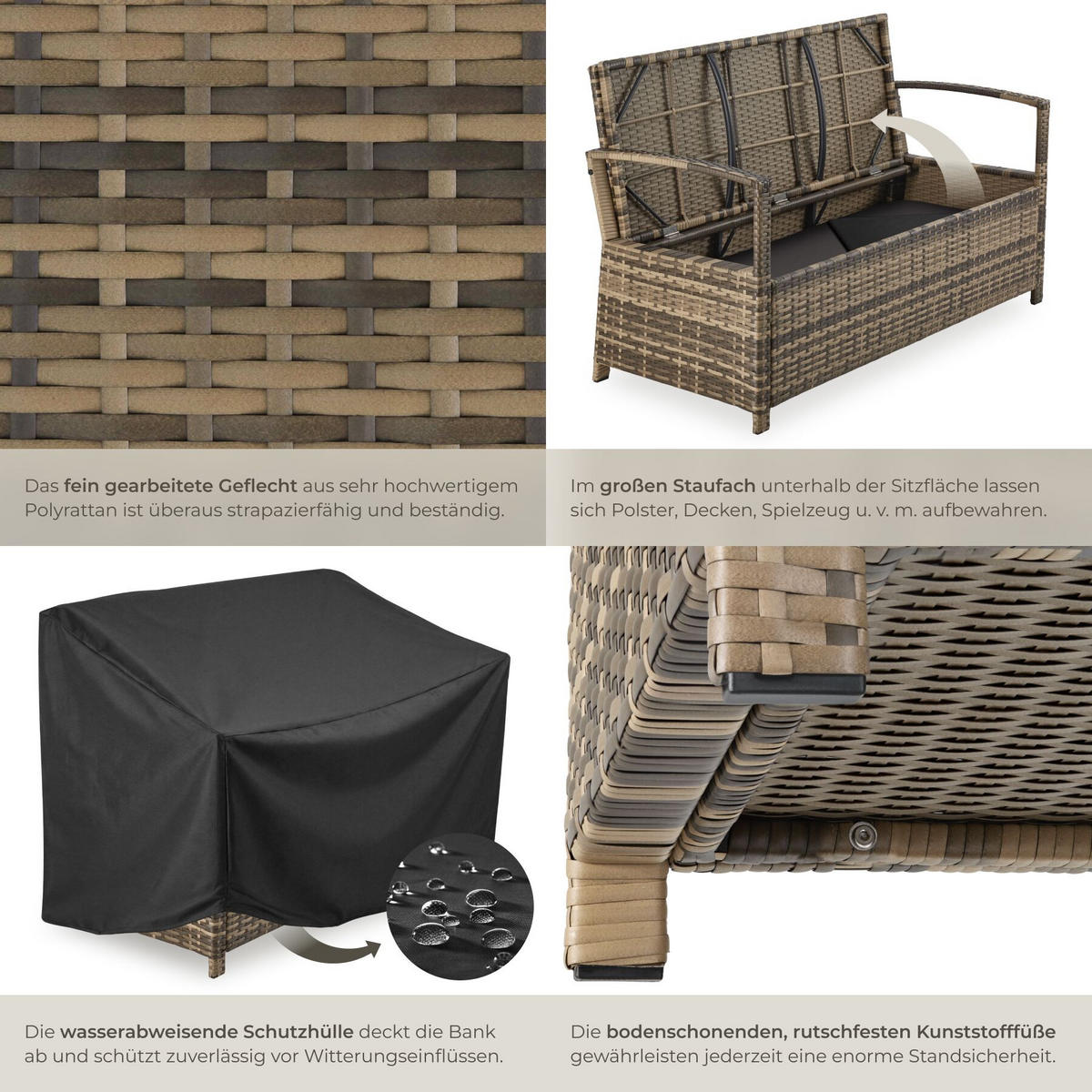 RATTAN-GARTENBANK Vecchia, 128 x 56 x 77,5 cm, inklusive Schutzhülle, natur - Naturfarben, Kunststoff (128/77.5/56cm) - tectake