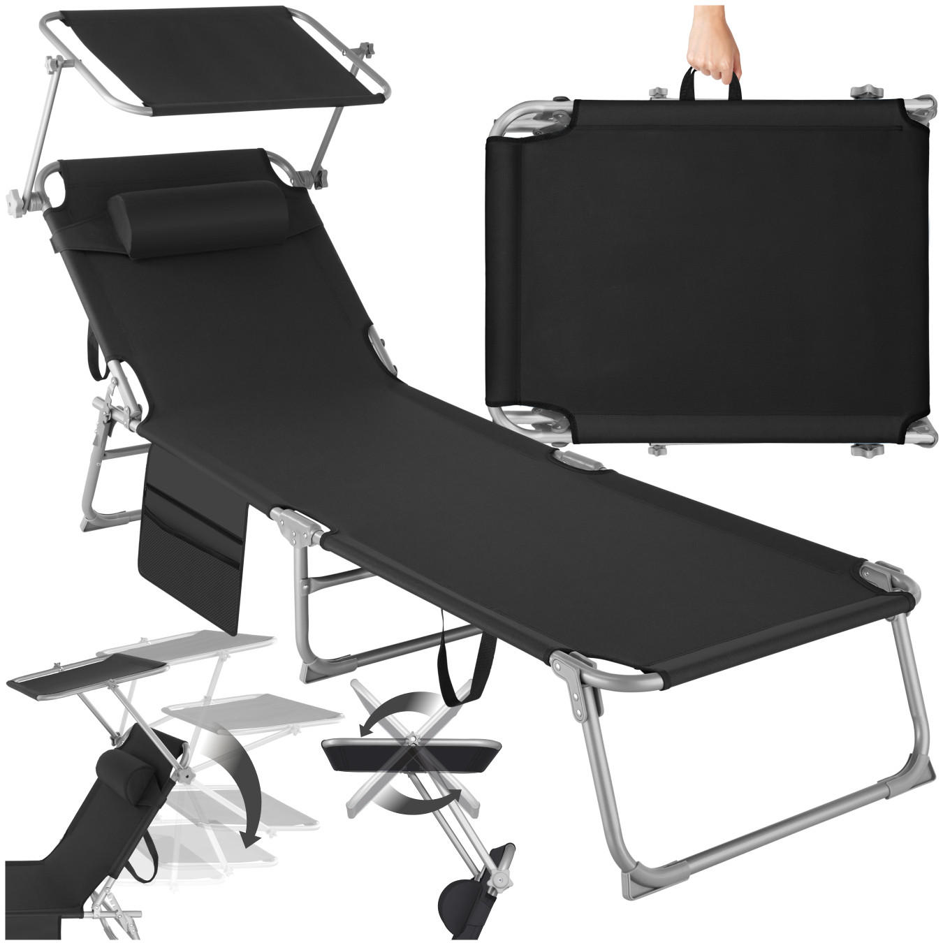 SONNENLIEGE Chloé,190 x 68 x 28 cm, mit Seitentasche,schwarz - Schwarz, Kunststoff (68/111/161cm) - tectake