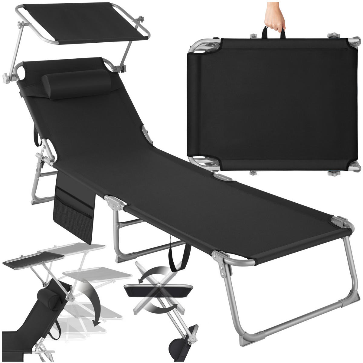 SONNENLIEGE Chloé,190 x 68 x 28 cm, mit Seitentasche,schwarz - Schwarz, Kunststoff (68/111/161cm) - tectake