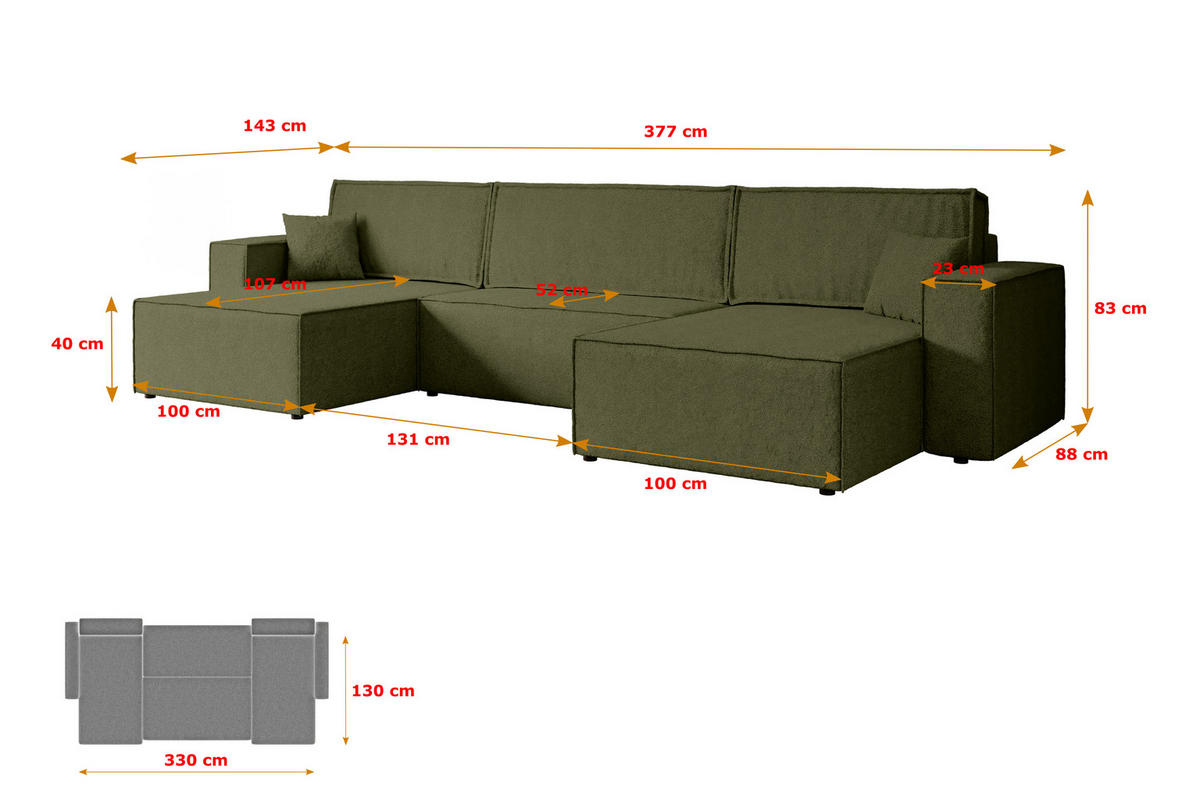 WOHNLANDSCHAFT mit Schlaffunktion und Bettkasten CELTIC-XLU - 377x143x83 cm Grün Bouclé - Schwarz/Grün, Holzwerkstoff/Kunststoff (377/83/143cm) - ALTDECOR