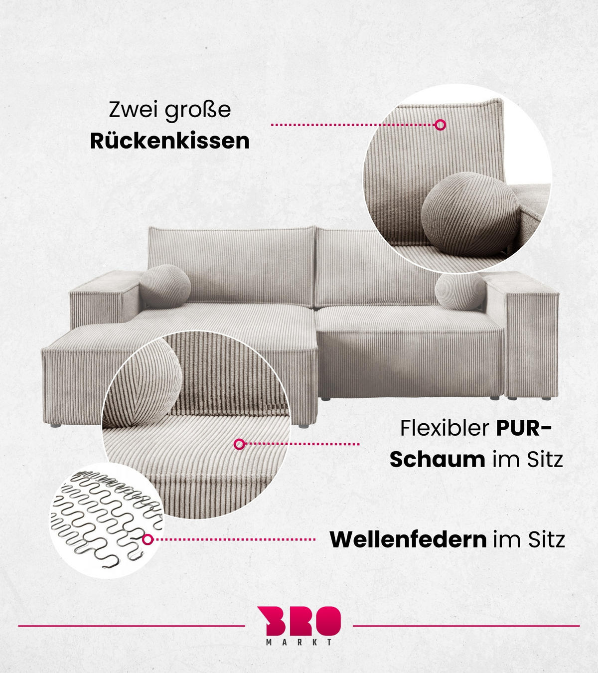 ECKSOFA Pablo Mini mit Schlaffunktion Beige Cord - Beige, Textil (255/148cm) - Bromarkt