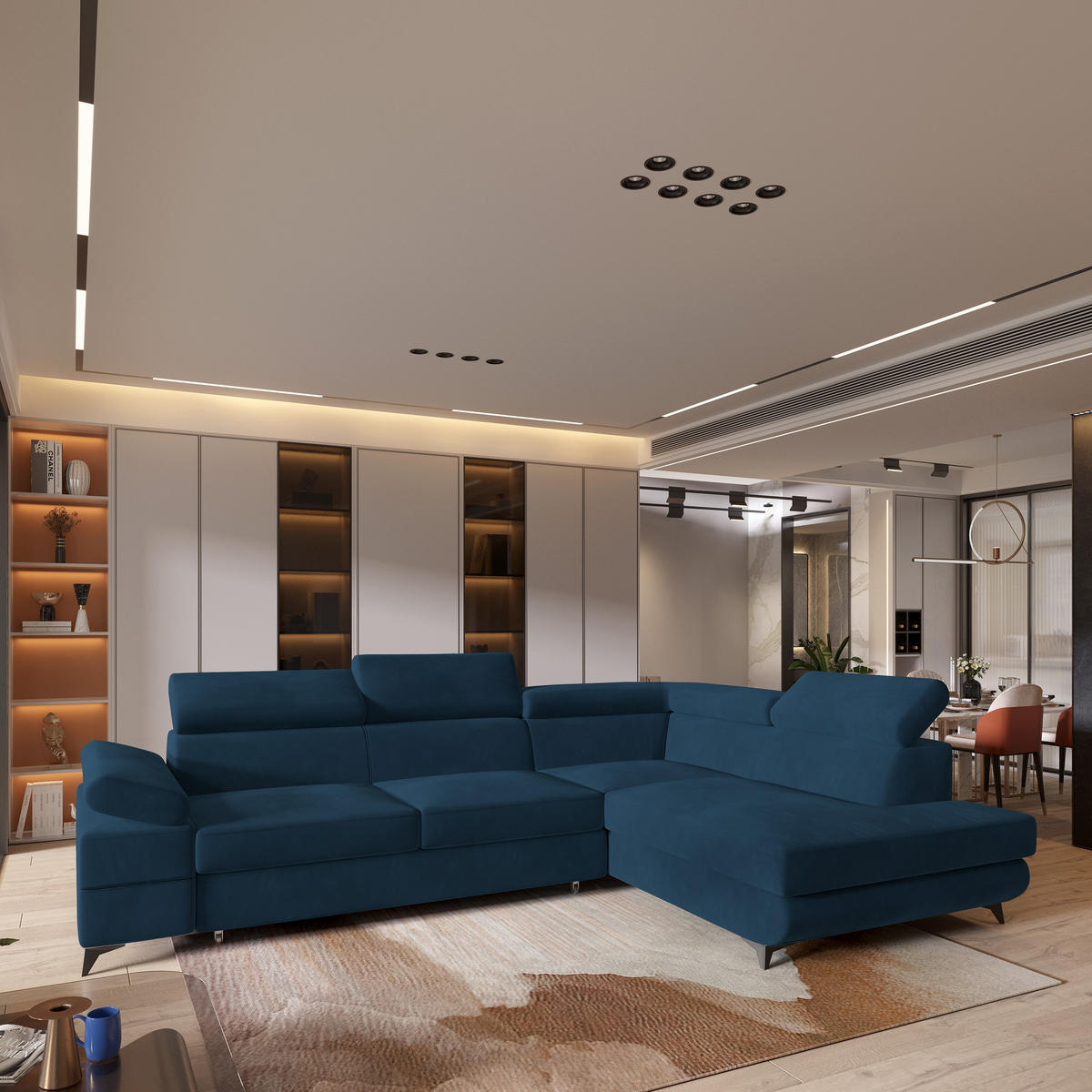 ECKSOFA FAVIEN R-S Blau Velours-Stoff mit Schlaffunktion - Blau, Holz (257/190cm) - MASSENO
