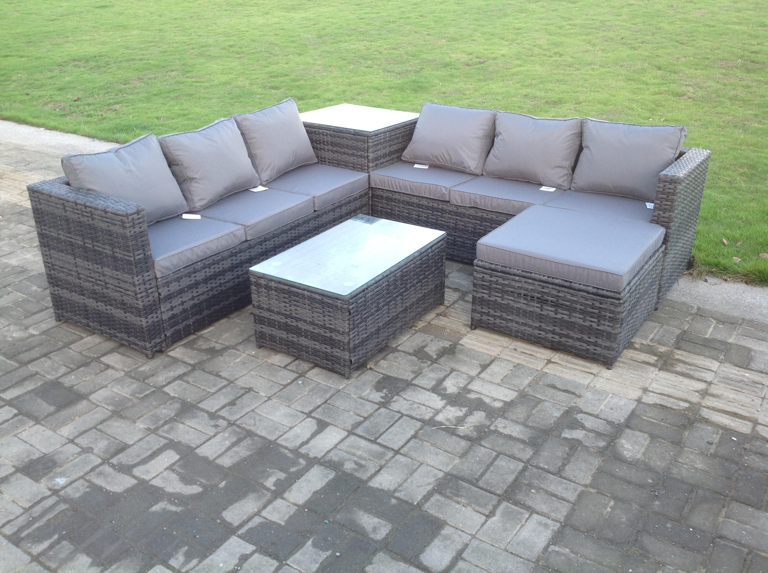 GARTENMÖBELSET mit Couchtisch Polyrattan 7-Sitzer - Dunkelgrau/Grau, Glas/Kunststoff - Fimous