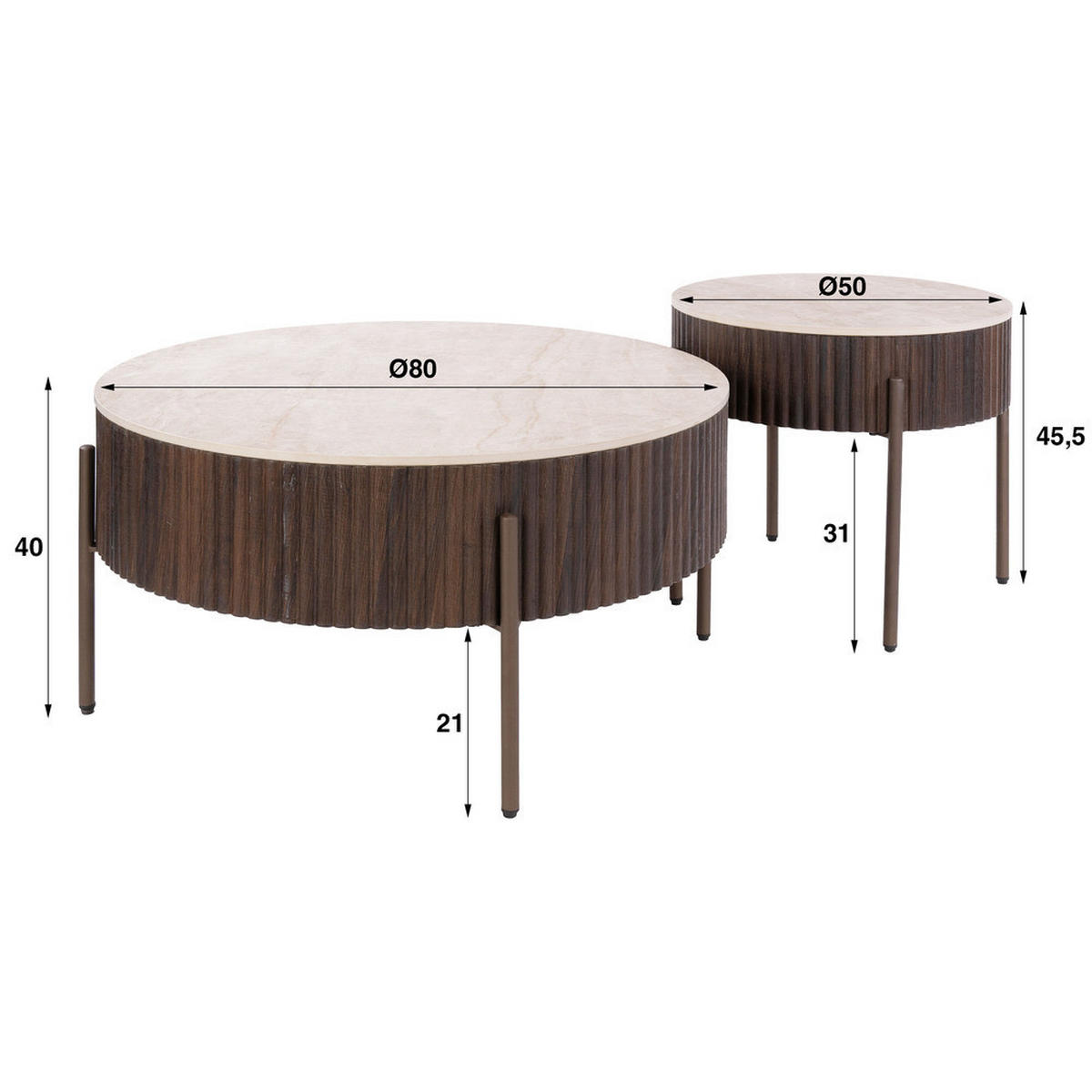 COUCHTISCH-SET CERAMO 2-teiliges Rundtisch-Set mit 3D-Keramikplatte & Wellen-Dekor 80 cm - Dunkelbraun, Keramik (80/80/40cm) - alesvelt