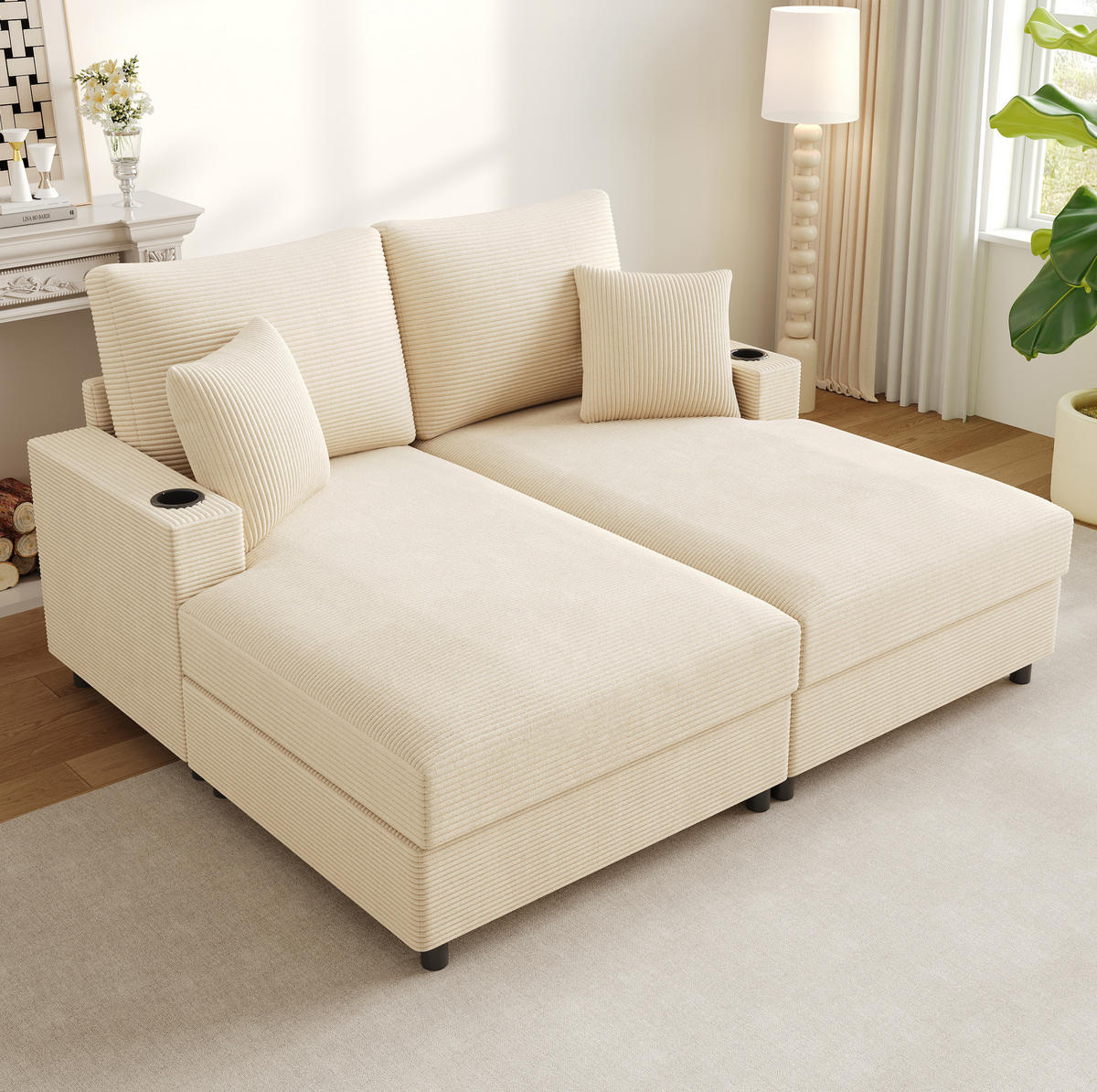 SOFA 2-Sitzer 163x140 cm Cord Beige mit USB und Getränkehaltern - Beige, Textil (140/82/163cm) - Meubliv