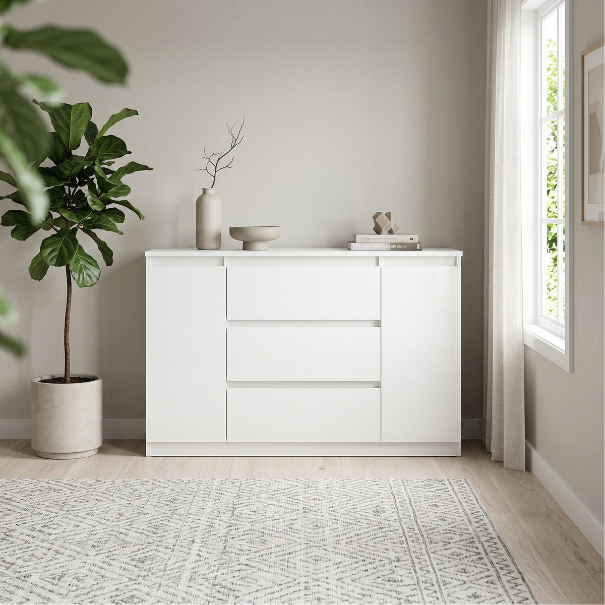 KOMMODE NUDO 138,5/78,2/39cm mit 3 Schubladen 2 Türen Weiß - Weiß, Holzwerkstoff (138.5/78.2/39cm) - MASSENO