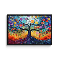 POSTER MIT RAHMEN Kunst - Baum des Lebens - Blumen - Hippie 90x60 cm - Dunkelblau, Papier (90/60cm) - MuchoWow