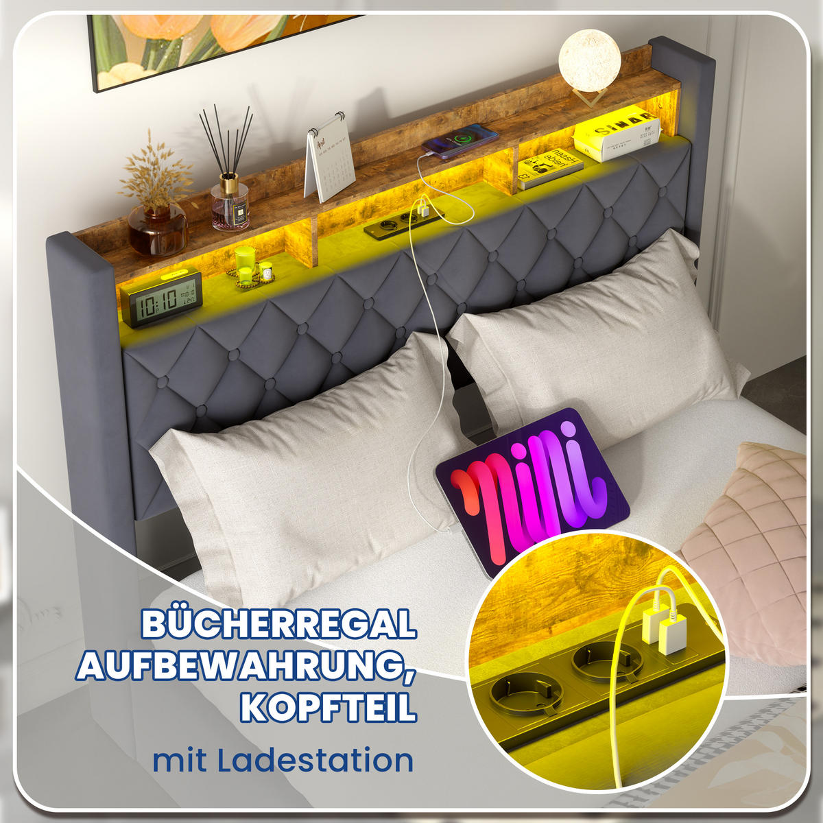 POLSTERBETT 160/200 cm Grau mit LED-Lichtleiste und USB-Anschlüssen - Grau, Holzwerkstoff (160/200cm) - OKWISH