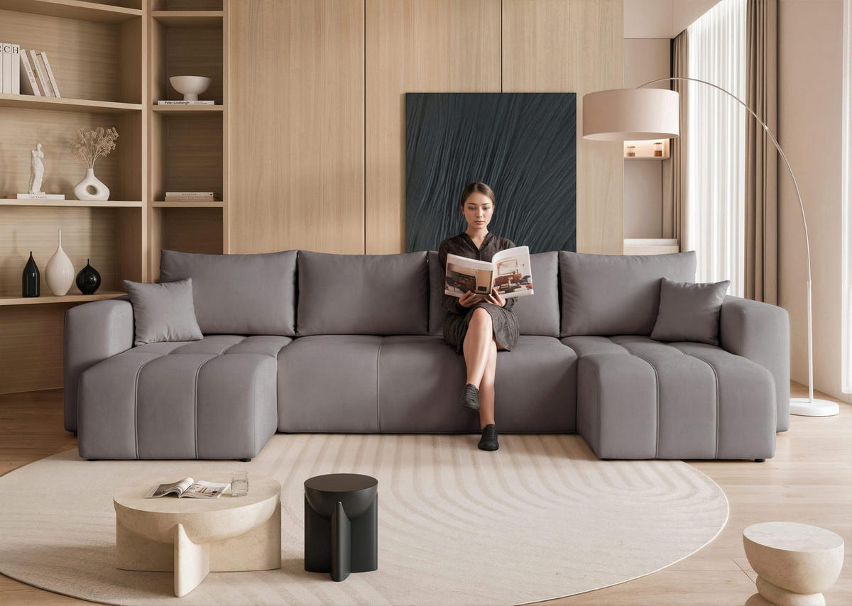 WOHNLANDSCHAFT U-Form Velours mit Bettkasten und Schlaffunktion - Dunkelgrau, Holzwerkstoff/Textil (318/79/145cm) - Idohome