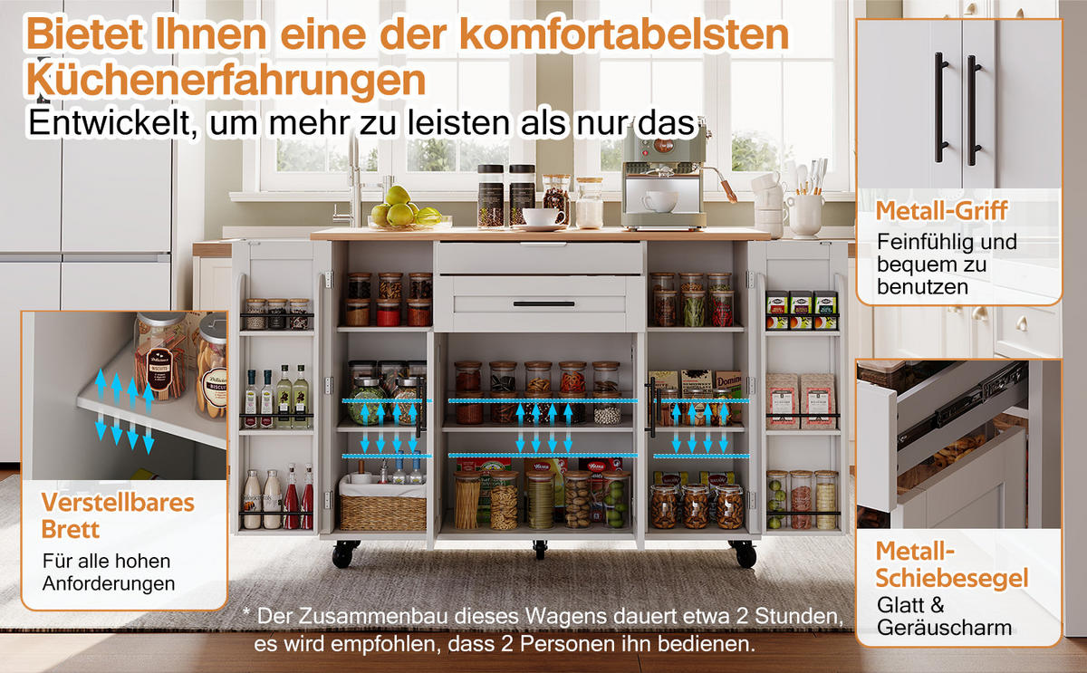 KÜCHENINSEL 120x45/70 cm ausziehbar mit Gewürzregal - Weiß, Holzwerkstoff (136/92/70cm)