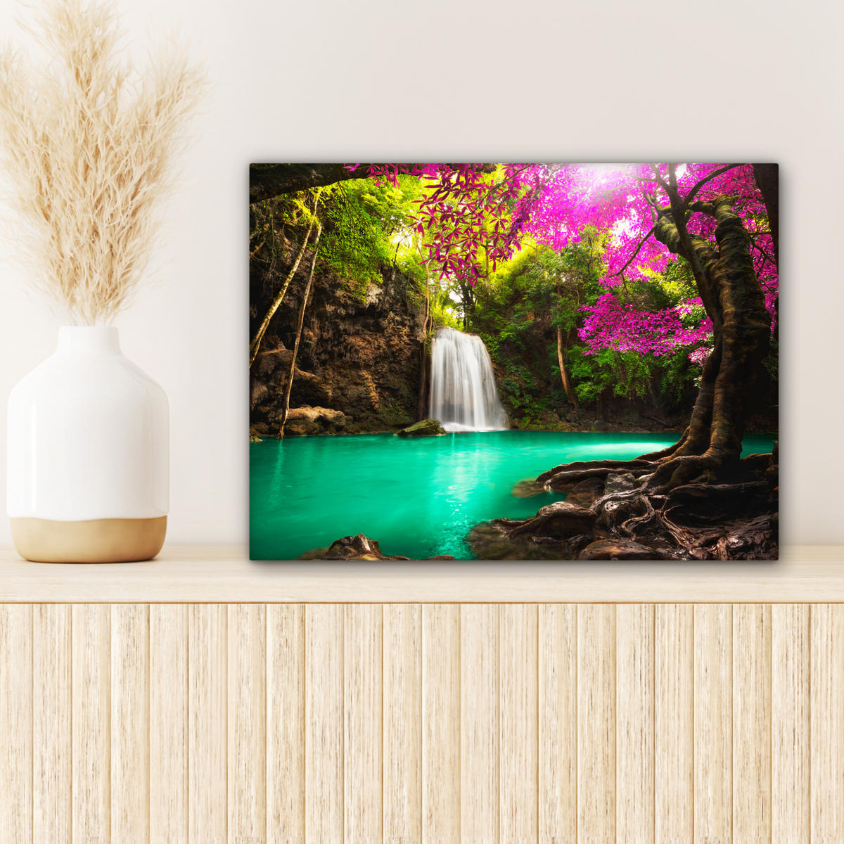 LEINWANDBILD Wasserfall mit bunten Blumen und Bäumen - Natur - Dschungel Wandbild 40x30 cm - Waldgrün, Textil (40/30cm) - MuchoWow