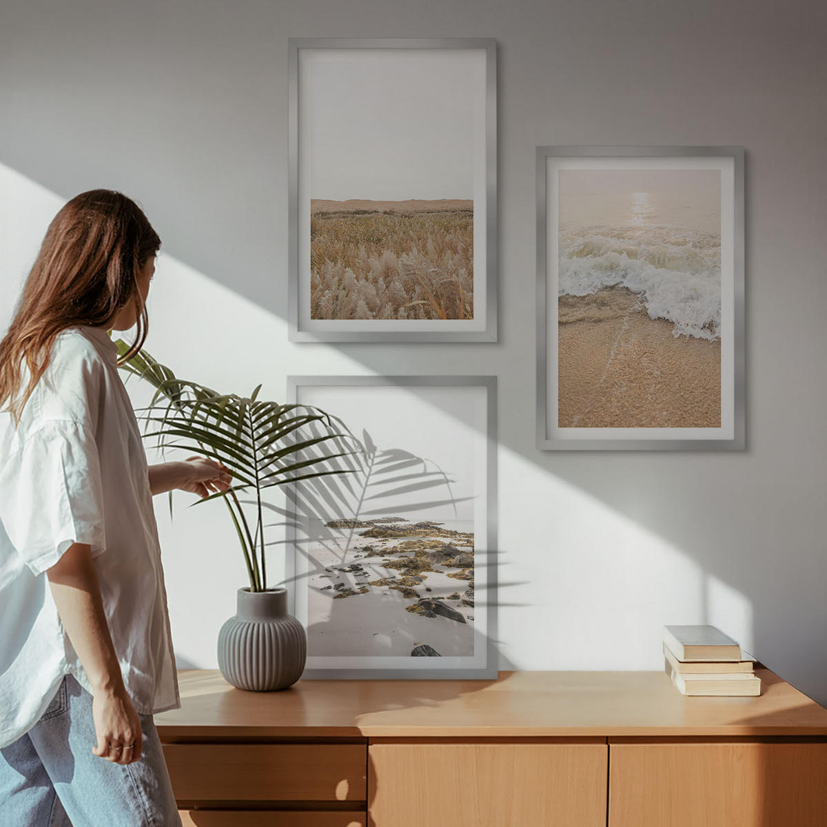 WANDBILDER 3er Set - 40x60 cm Silberner Rahmen - Strandwellen, Steine, Sommer - Silberfarben, Kunststoff (40/60cm) - ArtPrintCave