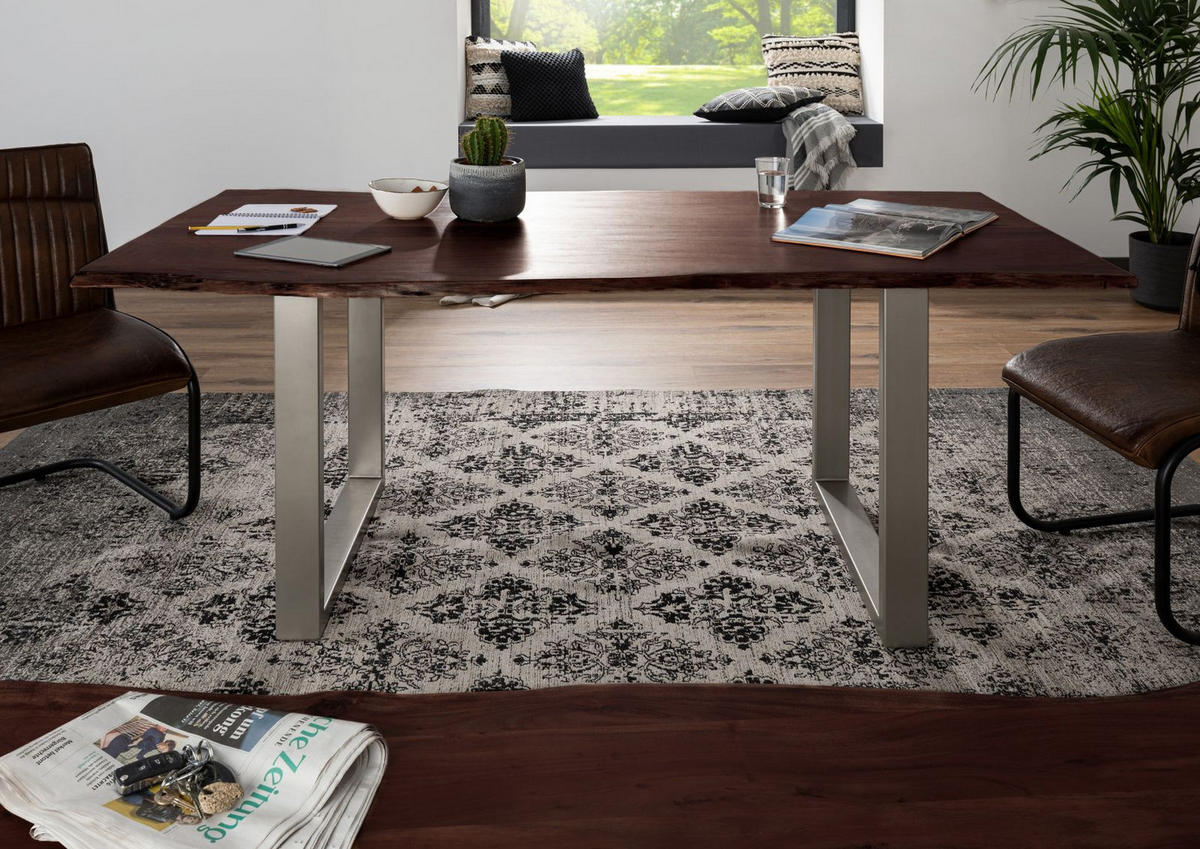 BAUMTISCH Akazie 120x90x76 braun Beine silber matt FREEFORM 3 - Braun, Holz (90/120/76cm) - Massivmoebel24