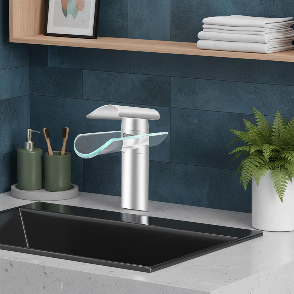 WASCHTISCHARMATUR Wasserfall Messing mit Glasauslauf - Silberfarben, Metall (17.5/17.5/3.5cm) - Kaket