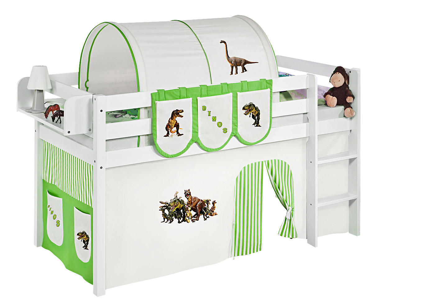 HOCHBETT Jelle mit DINOS Vorhang - Kinderbett - Weiß, Holz - Lilokids