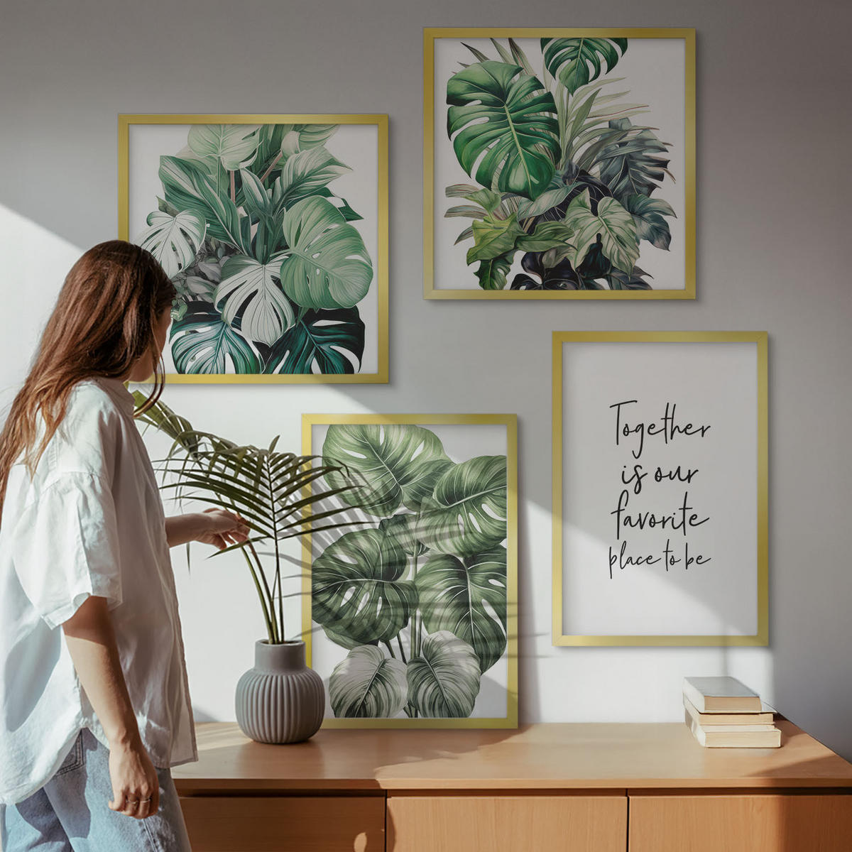 BILDER SET 4er Set - 50x50 cm & 40x60 cm Goldrahmen - Dekoration aus grünen tropischen Blättern - Goldfarben, Kunststoff (50/50cm) - TULUP