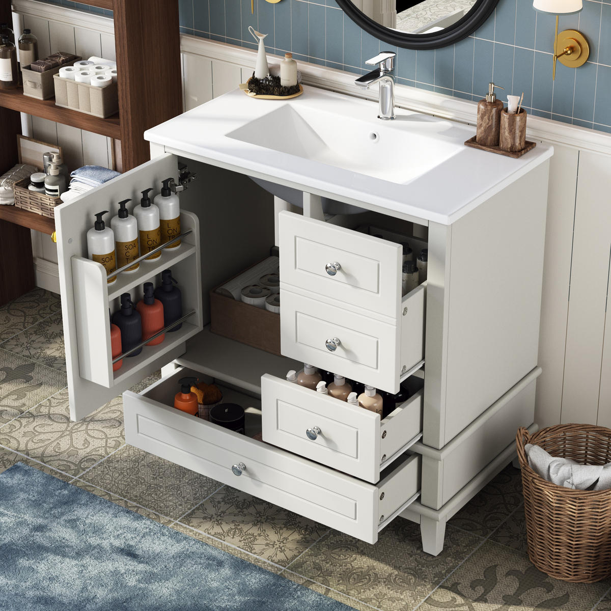 BADEZIMMERSCHRANK Weiß Lackiert 3 Schubladen Tür Stauraum 81cm - Weiß, Keramik (81/86/47cm) - FLIEKS