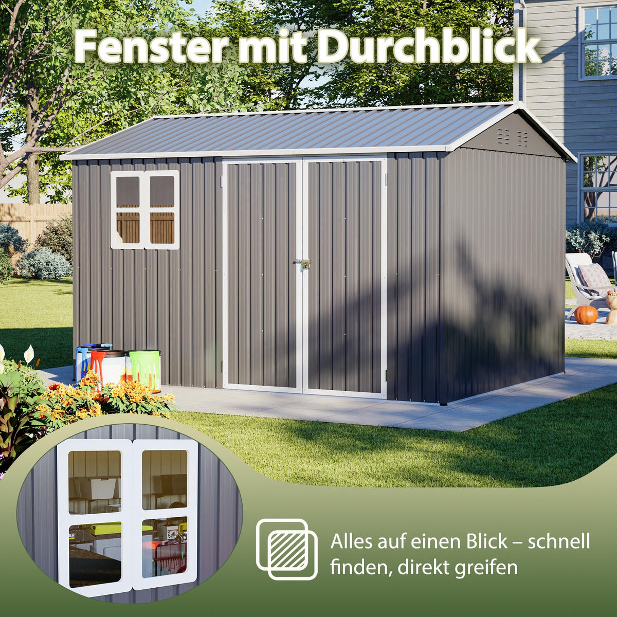 GERÄTEHAUS 310.9/240/201 cm Grau mit Fenster, 4 Lüftungen und Fundament - Grau, Metall (240/201/310.9cm) - Oxeza