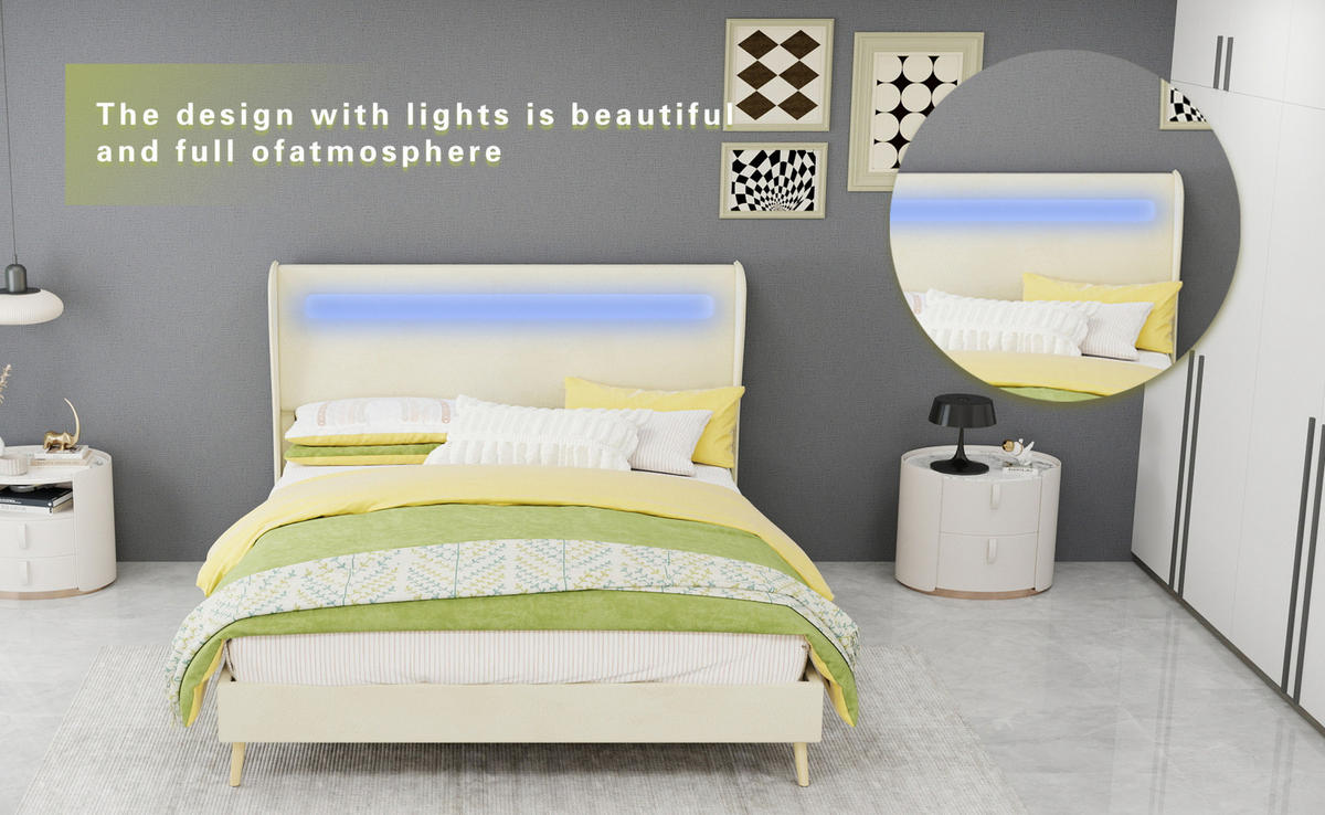 POLSTERBETT 140/200 cm mit LED-Beleuchtung, verstellbarer Rückenlehne und Matratze, Beige - Beige, Textil (140/200cm) - Redom