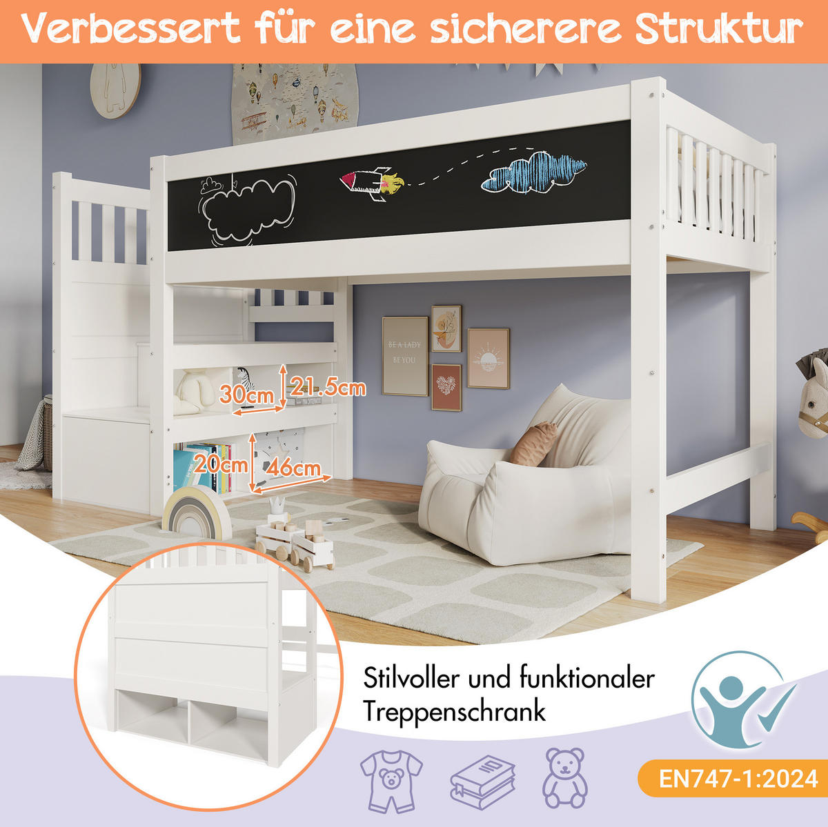 HOCHBETT aus Massivholz und MDF 90/200 cm mit Tafel, Stauraumtreppe und Rausfallschutz, Weiß - Weiß, Textil - Redom