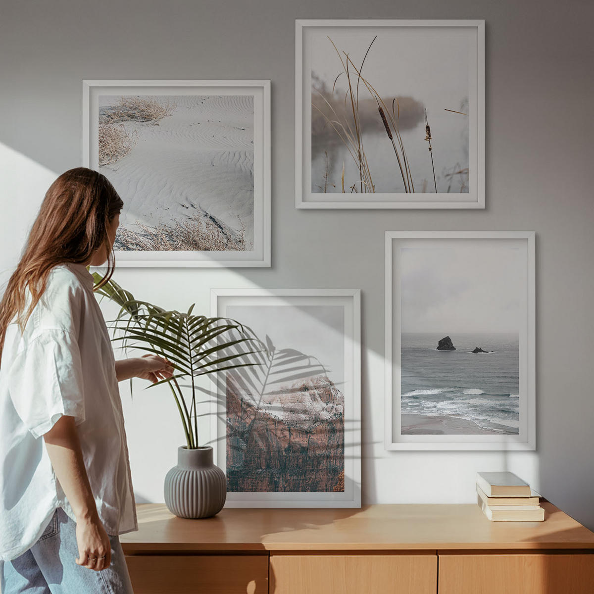 BILDER SET 4er Set - 50x50 cm & 40x60 cm Weißer Rahmen - Abstrakte Wellen, graue Pastellfarben - Weiß, Kunststoff (50/50cm) - TULUP
