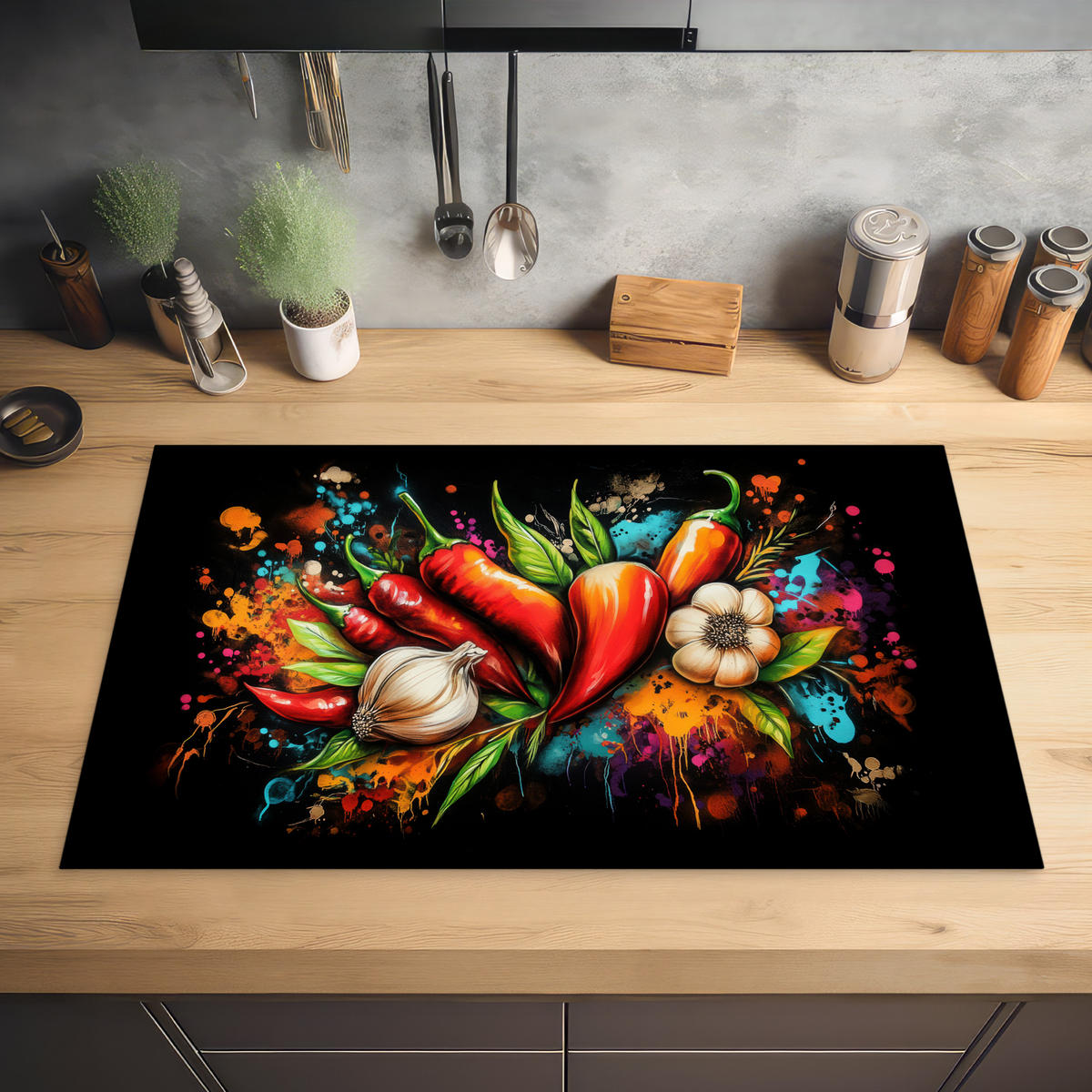 HERABDECKPLATTE - Gemüse - Paprika - Knoblauch - Graffiti - Farbe - Bunt - 80x50 - Rot, Kunststoff (80/50/0.2cm) - MuchoWow