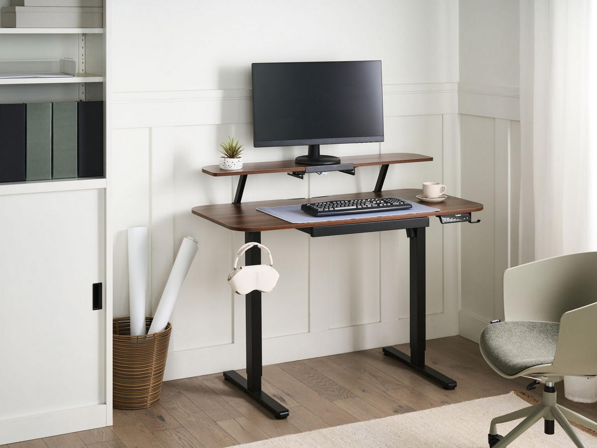 SCHREIBTISCH elektrisch höhenverstellbar 120/60 cm mit USB-Anschluss Braun/Schwarz Wilbanks - Schwarz/Braun, Holzwerkstoff/Metall (60/120/90cm) - Beliani