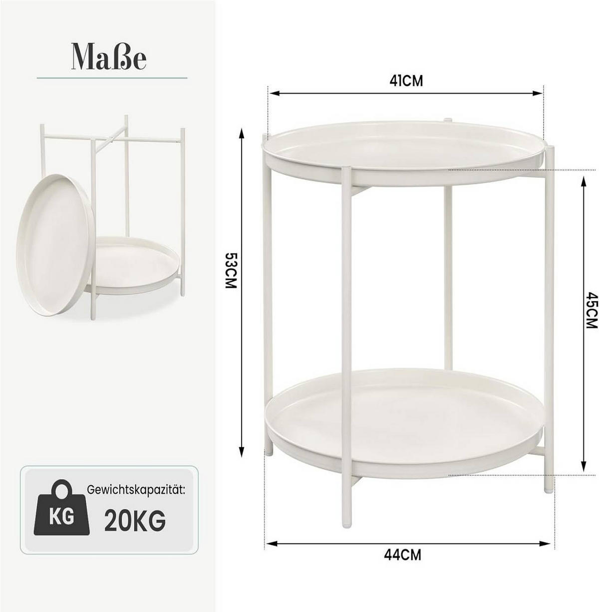 COUCHTISCH rund, mit Stauraum, Metall, Creme - Creme, Metall (44/44/53cm) - Woltu