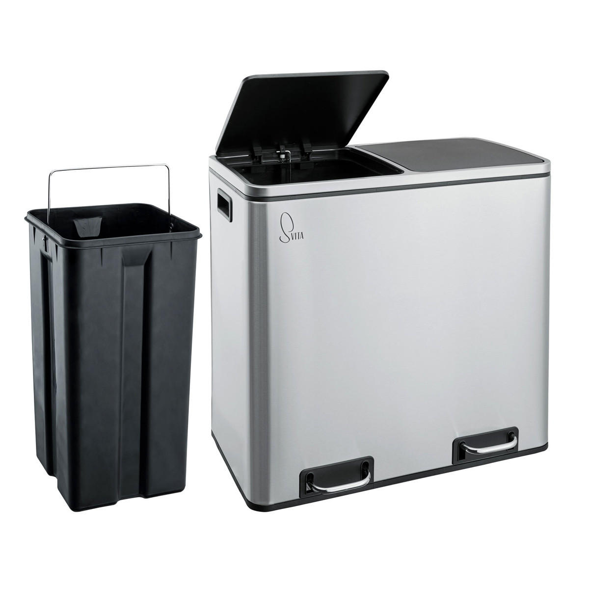 MÜLLTRENNSYSTEM TM2X24 – 48 Liter Mülleimer mit 2 Fächern (2x24L), Treteimer mit Softclose, Silber - Silberfarben, Metall (59/54.5/36cm) - SVITA