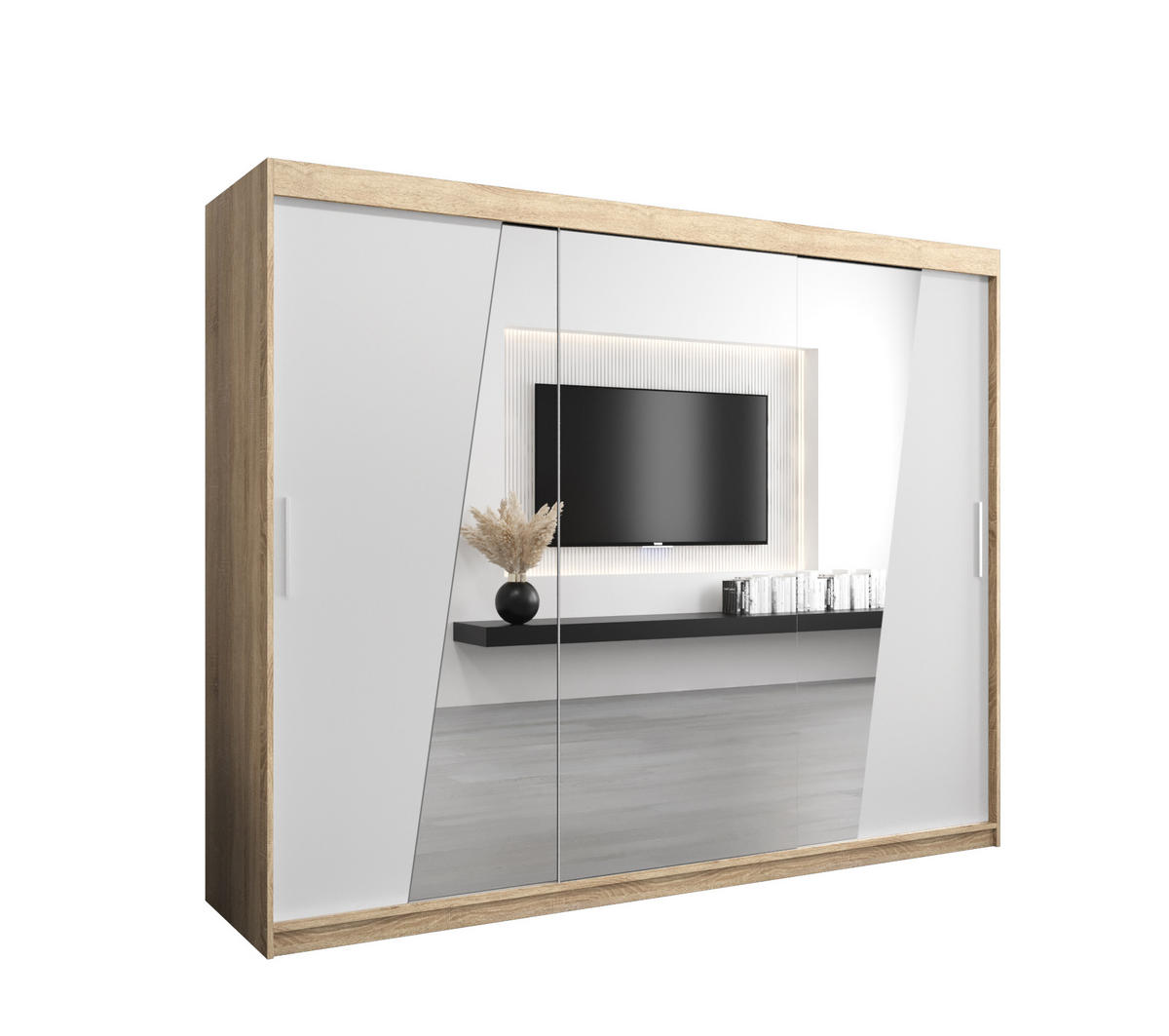 SCHWEBETÜRENSCHRANK 200/250/62 3-türig - Silberfarben/Weiß, Holz/Kunststoff (250/200/62cm) - Abiks Möbel