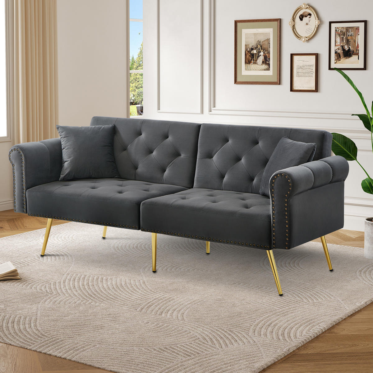 SCHLAFSOFA mit Schlaffunktion 147 x 85 cm Samt Antique Gray 2er-Kissen - Grau, Kunststoff (173/70/75cm) - Meubliv