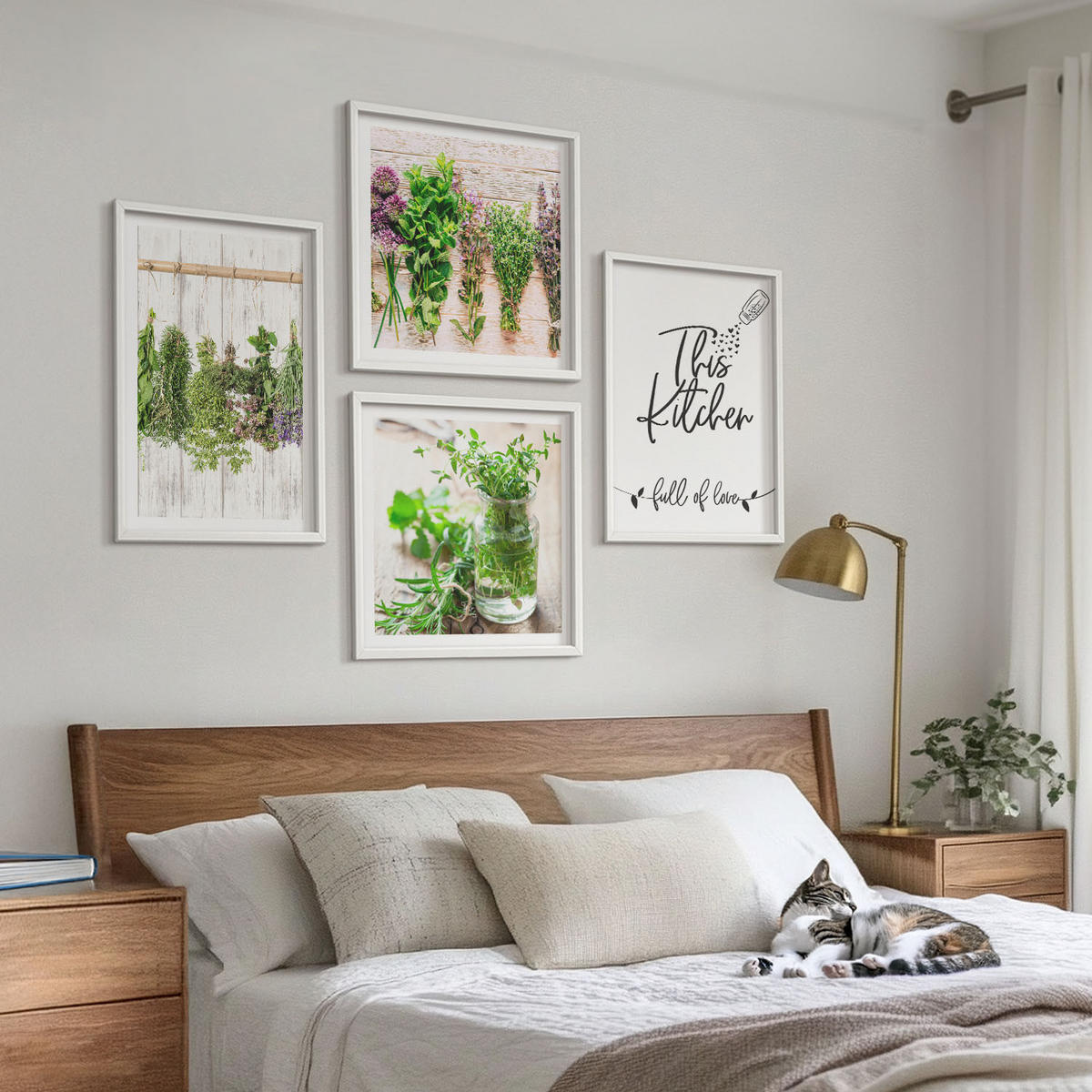 BILDER SET 4er Set - 50x50 cm & 40x60 cm Weißer Rahmen - Kräuterpflanzen zum Trocknen in der Küche - Weiß, Kunststoff (50/50cm) - TULUP
