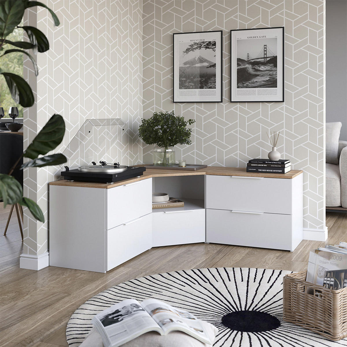 WOHNWAND Wido Weiß/Sonoma 3 Teile - Weiß/Sonoma Eiche, Holzwerkstoff (68/50/38.2cm) - Vicco