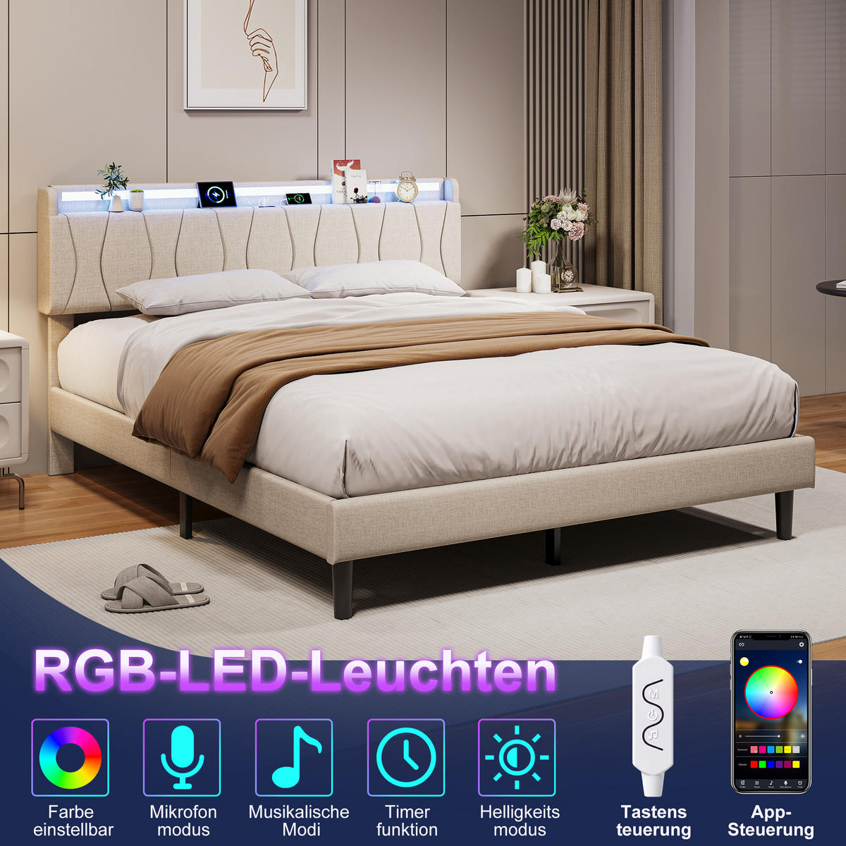 MANŽELSKÁ POSTEĽ 140x200 cm s LED, USB-C, ľanovým poťahom a lamelovým roštom - béžová, drevo (140/200cm) - SHOPENTRA
