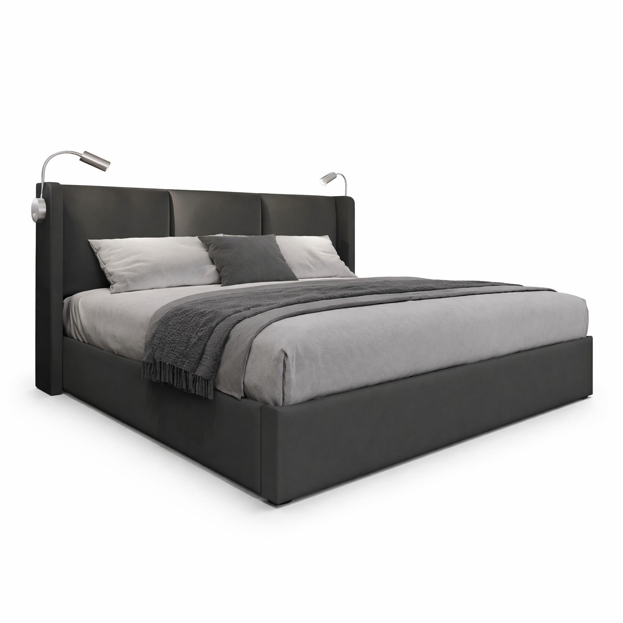 POLSTERBETT 160/200 mit Bettkasten, Leselicht und USB in PU - Grau, Holzwerkstoff/Textil (160/200cm) - EVRYAE