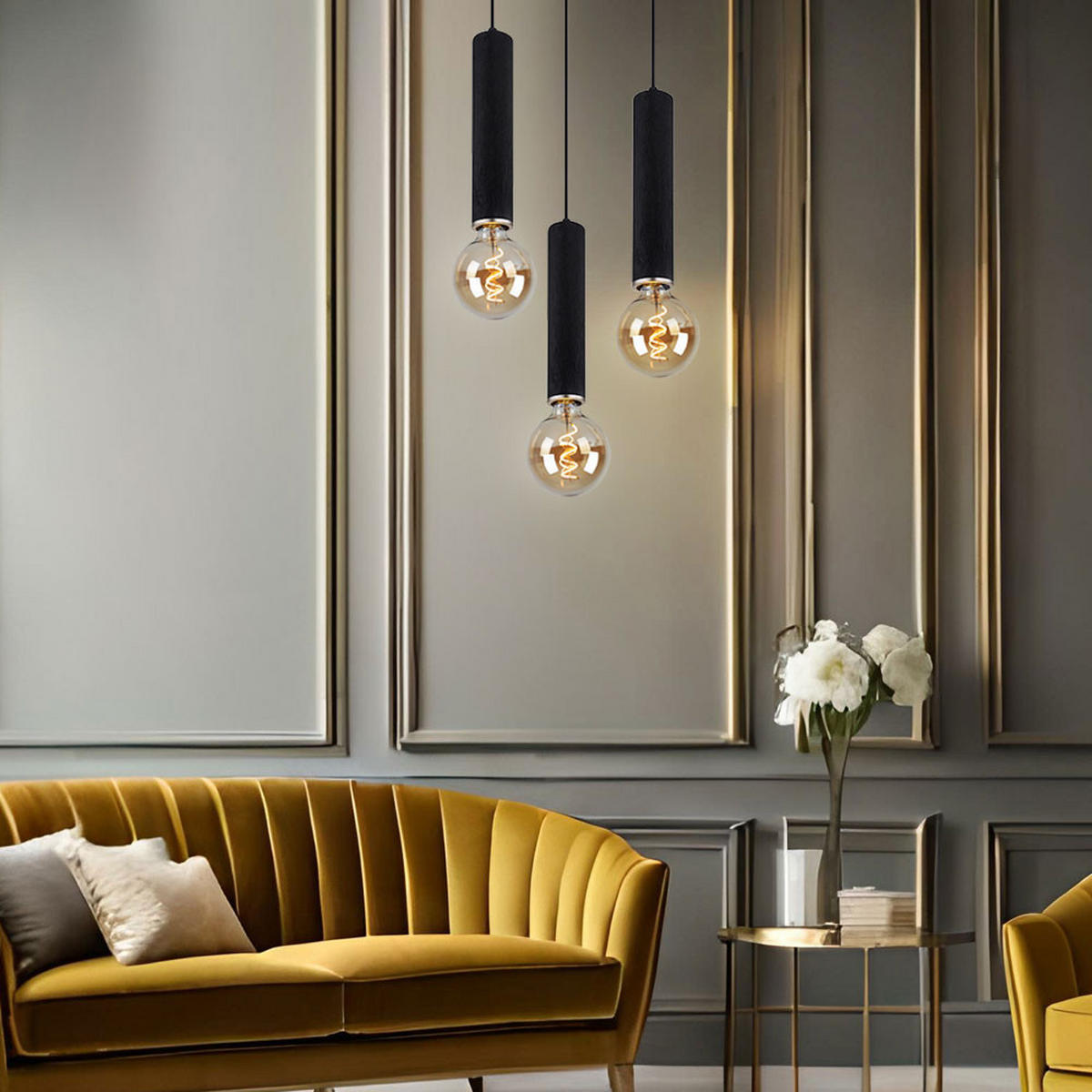 HÄNGELEUCHTE Holzoptik Schwarz 3-flammig - Schwarz, Holz (35/35/160cm) - Globo Lighting