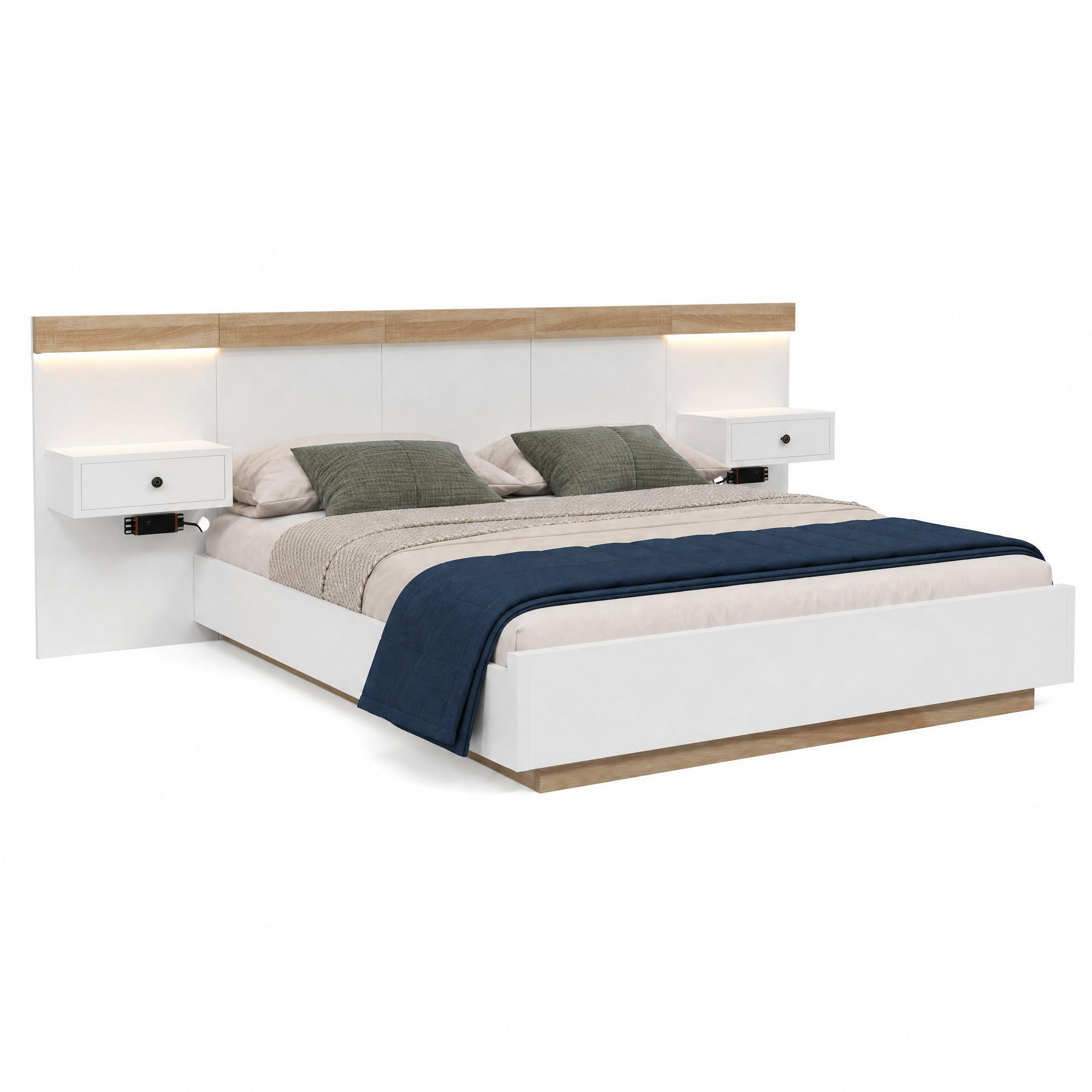 BETT mit 2 LED-Nachtkommoden 140x200 cm Holzwerkstoff Sonoma-Eiche/Weiß 3-tlg. - Weiß, Holz (140/200cm) - Meubliv