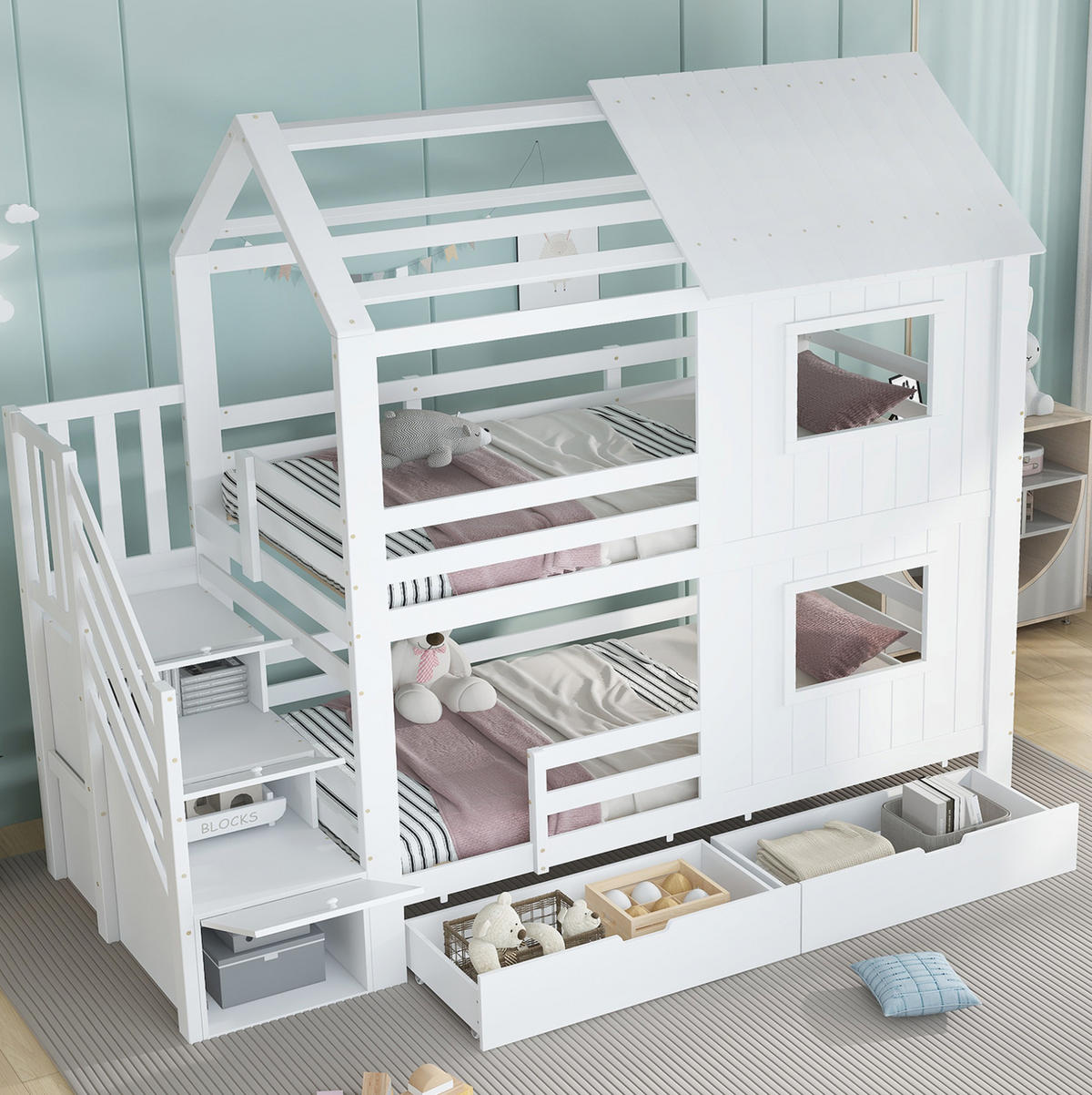 ETAGENBETT 90/200 cm weiß aus Kiefer und MDF mit Treppenschrank - Weiß, Holz (90/200cm) - OKWISH