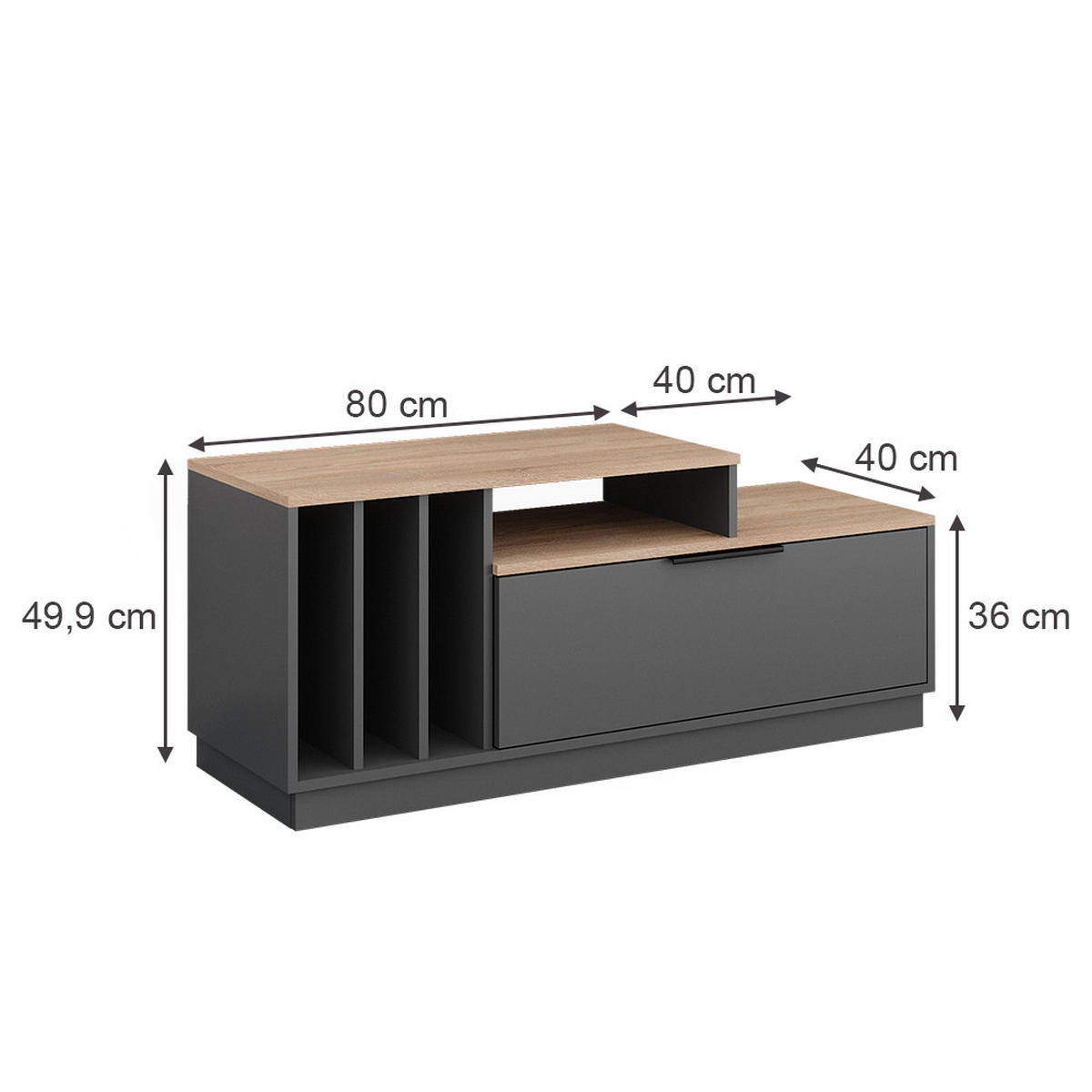 LOWBOARD Betti Anthrazit/Sonoma 120 x 49.9 cm mit 1 Tür - Anthrazit/Sonoma Eiche, Holzwerkstoff (120/49.9/40cm) - Vicco