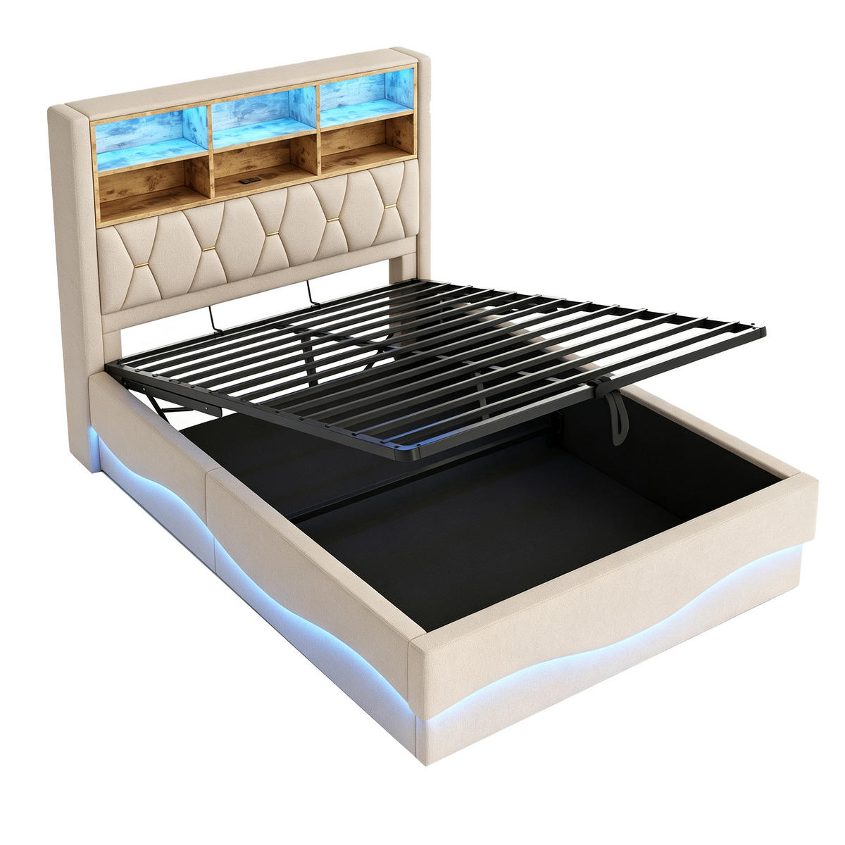 STAURAUMBETT 140/200 cm mit APP-LED, USB und Hydraulik, DE-02053, in Beige - Beige, Metall (140/200cm) - ComfortXL