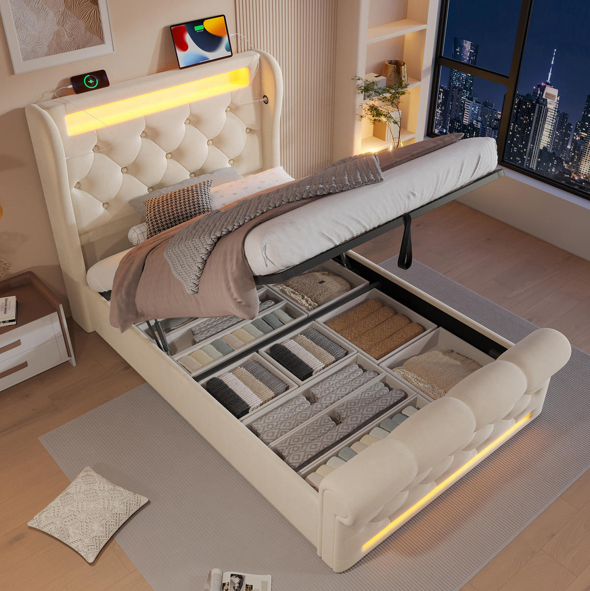 SAMT-POLSTERBETT 90/200 cm Beige mit LED-Beleuchtung und Bettkasten - Beige, Textil (90/200cm) - BEAOK