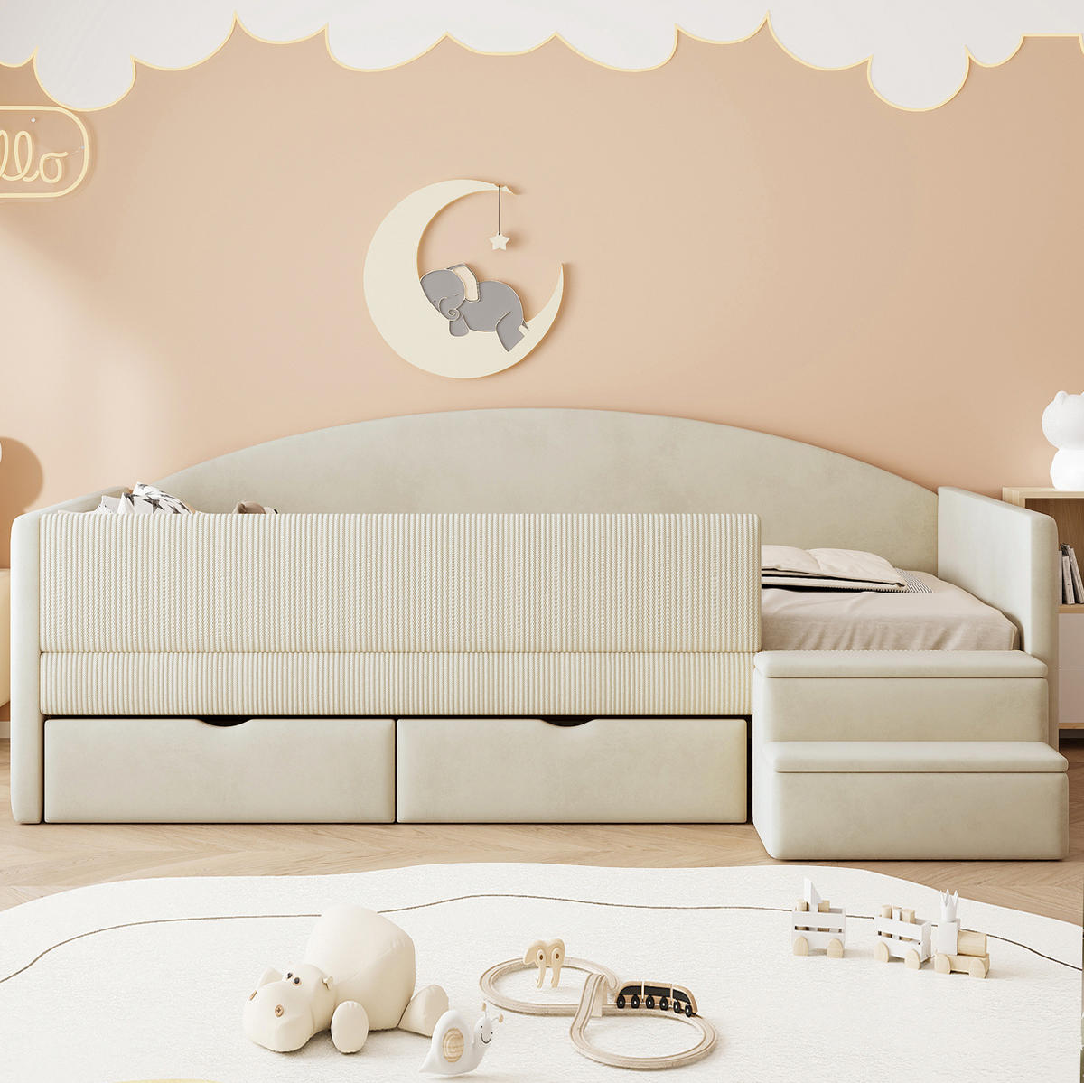 POLSTERBETT 90/190 cm aus Samt mit Schubladen und Stufen, Beige - Beige, Textil (90/190cm) - OKMYHOME