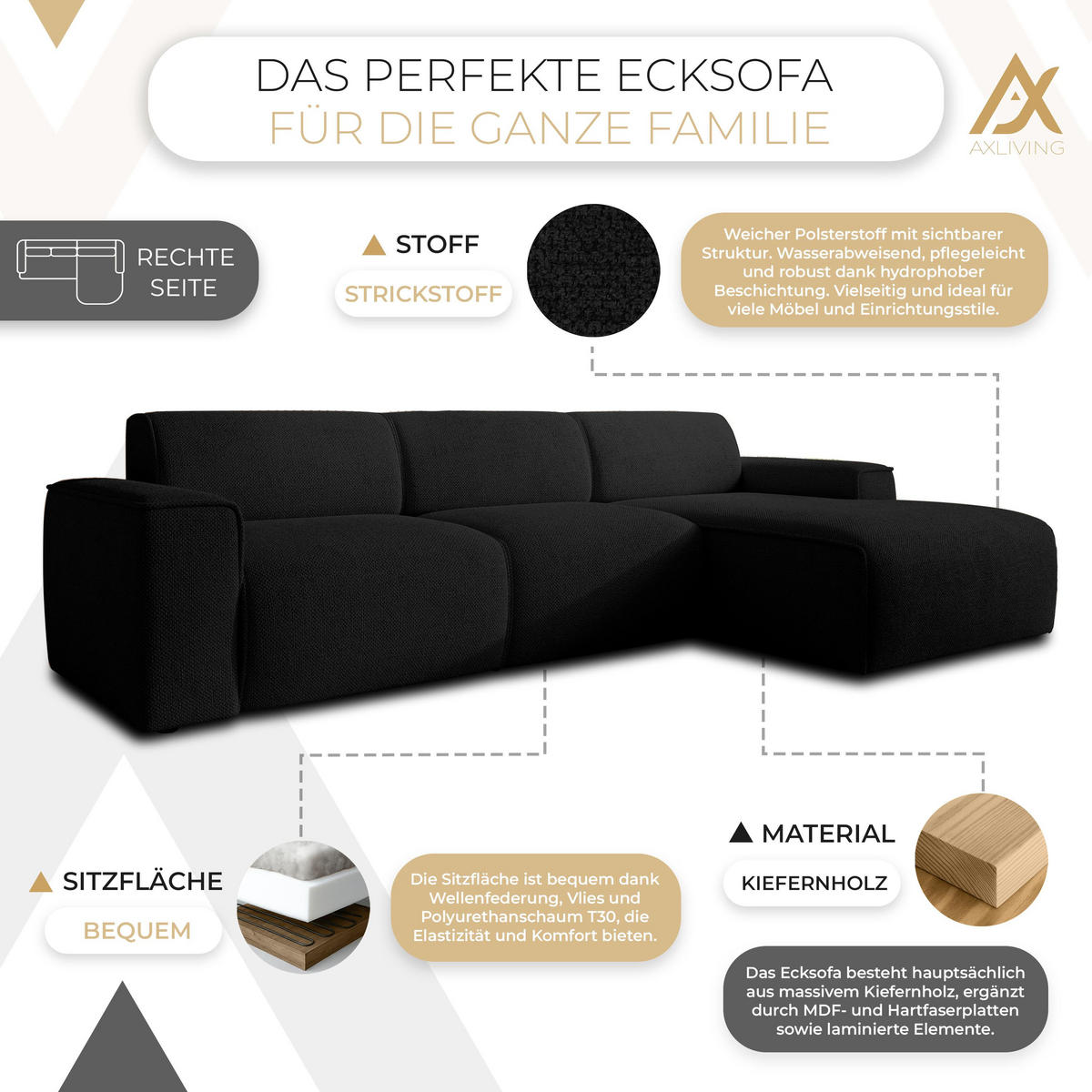 ECKSOFA L Form Didim mini Schwarz 310/165/78 cm – stilvolle kleine Eckcouch R - Schwarz, Kunststoff/Textil (310/165cm) - AX Living